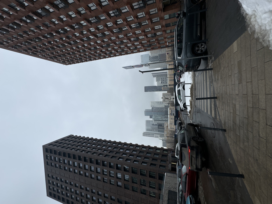 An outdoor urban scene in Khimki, Russia, is depicted under an overcast light gray sky. The foreground features a light brown and gray paved pedestrian walkway leading to a wet asphalt roadway with a marked zebra crossing, bordered by dark gray bollards. A tall, dark brown multi-story residential building rises on the left. On the right, a similarly tall, reddish-brown multi-story residential building with numerous windows and projecting elements is visible. In the mid-ground, a parking area contains multiple parked vehicles, including a dark red sedan and a silver SUV partially covered by snow. A dark gray SUV is positioned on the wet asphalt roadway, seen from the rear with illuminated taillights, indicating movement. Two vertical signs on poles and a dark streetlight pole are present near the right side of the roadway. In the distant background, a dense cluster of modern skyscrapers, characteristic of Moscow City, is visible under the cloudy sky. Patches of snow are evident on the ground, particularly around parked vehicles, and the ground appears wet. No individuals are visible in the scene.