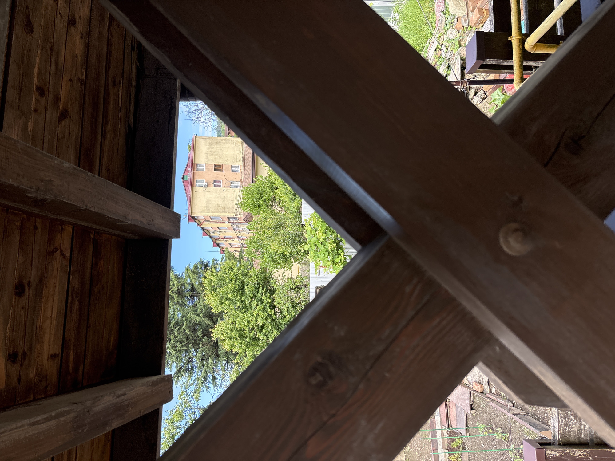 The image shows a view through a wooden structure, possibly a gazebo or porch, onto an outdoor scene. In the foreground, dark brown wooden beams cross each other, with a visible bolt and washer on one of them. Beyond the wooden structure, a garden bed with green plants is visible, bordered by wooden planks and stakes with green twine. Further in the background, lush green trees and a multi-story building with a reddish roof and yellow facade are prominent under a clear blue sky. The overall impression is of a residential area, likely in Krasnaya Polyana, Russia, given the presence of the building and vegetation typical of the region. There are no people or animals visible in the image.