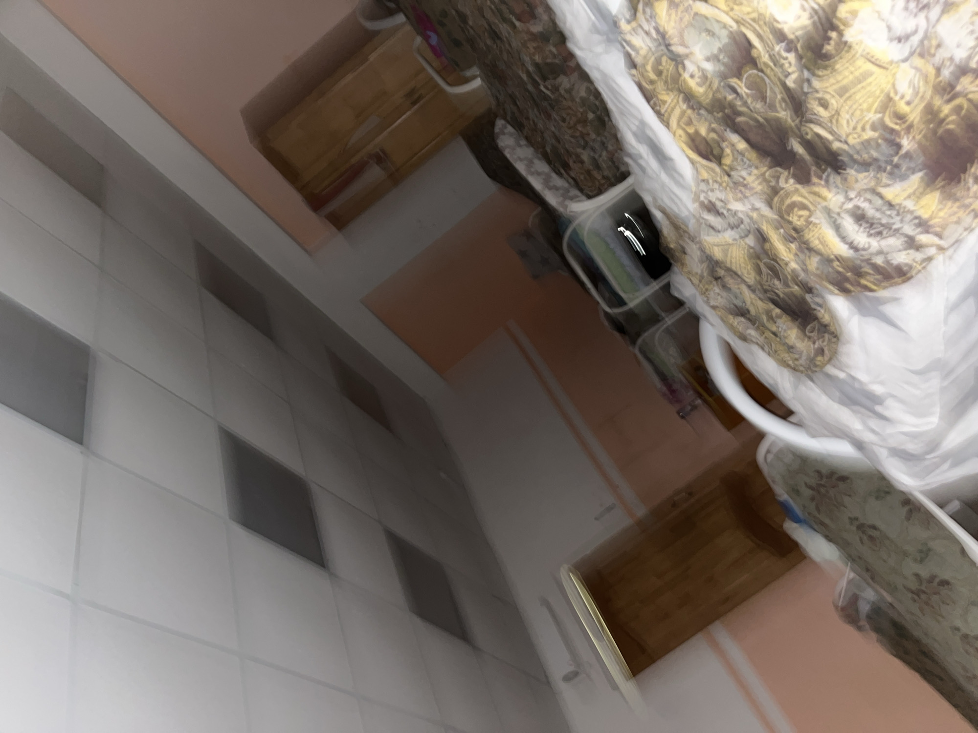 The image depicts an interior scene, possibly a room. The room has a tiled ceiling and pale pink walls. There is a wooden door visible on the left side of the image. In the center and right of the image, there are beds with white linens and patterned blankets. One bed appears to have a white rail. There are also some storage containers or boxes visible. The image is blurry and appears to have motion blur, suggesting it was taken with a moving camera or in low light conditions. The provided context mentions Bydreevka, Russia, but the visual information within the image does not offer any specific clues to confirm or deny this location.
