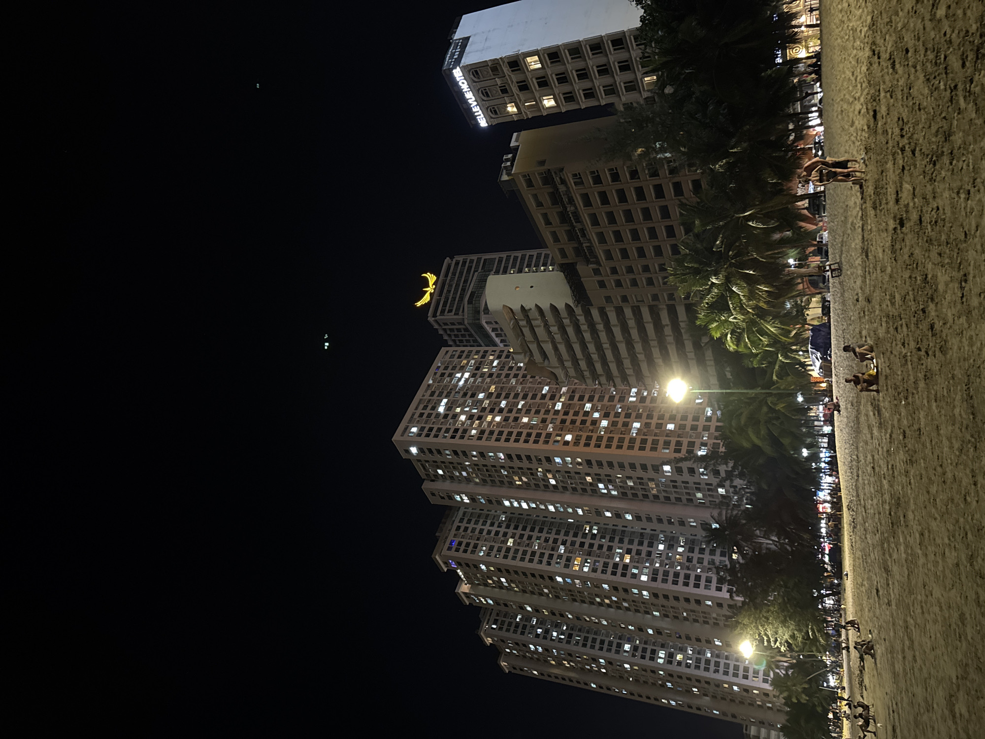 At night in Bac Nha Trang Ward, Vietnam, tall buildings are illuminated with many lights. Palm trees stand between the buildings and a crowded beach. People are gathered and standing on the beach. The sky is dark.