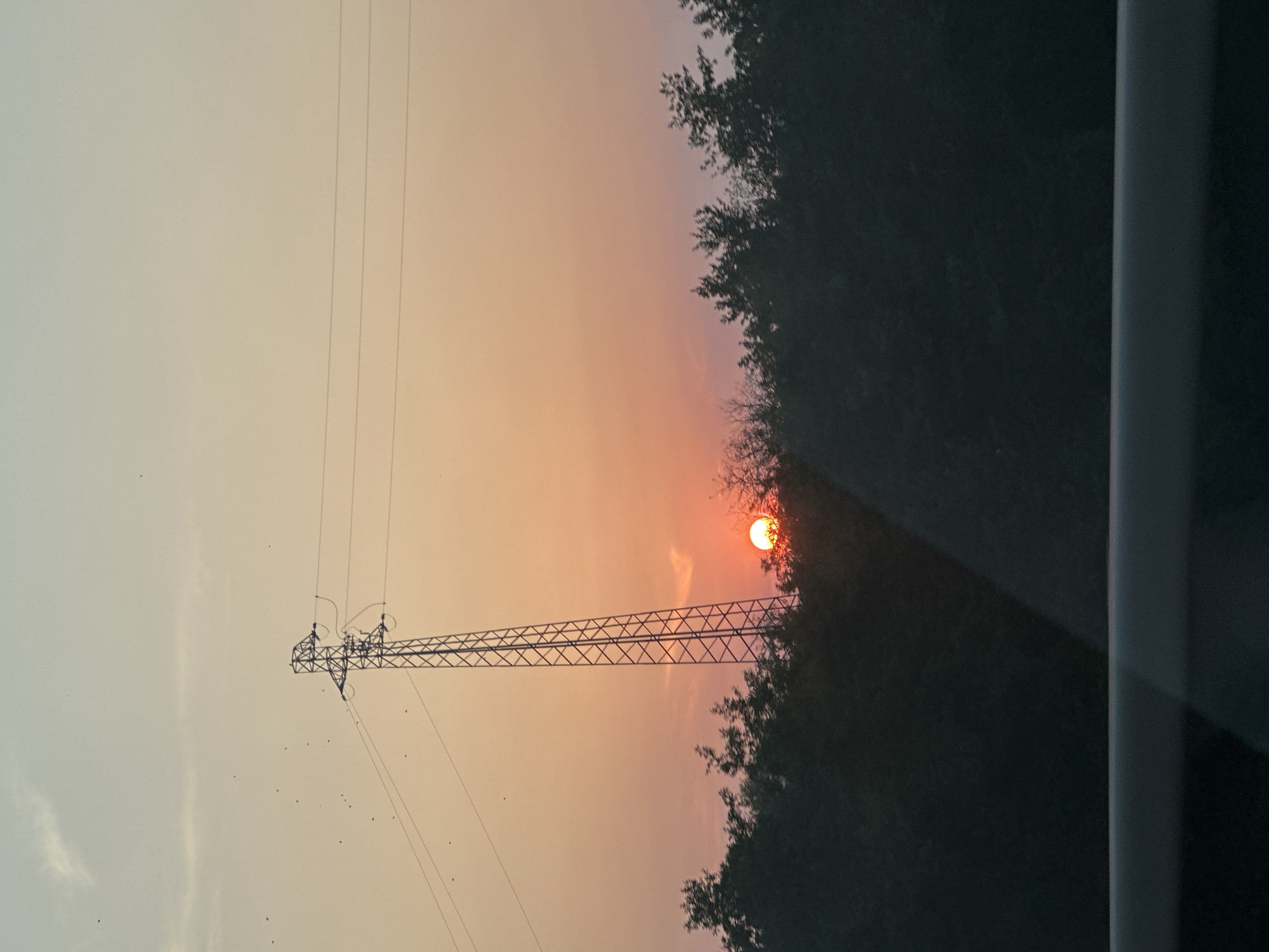 A power line tower stands tall against a sunset sky in Chaudeney-sur-Moselle, France. The sky transitions from a pale blue at the top to a warm orange and pink hue near the horizon, suggesting the sun is setting. The sun itself is a bright orange orb peeking through a dense line of dark green trees that form a silhouette across the lower portion of the image. Several small, dark specks, possibly birds, are scattered across the sky, adding a sense of scale and movement. Power lines stretch horizontally from the tower across the sky. The foreground is obscured by a dark, blurred element, possibly a car window or a railing, which has a diagonal reflection running across it.