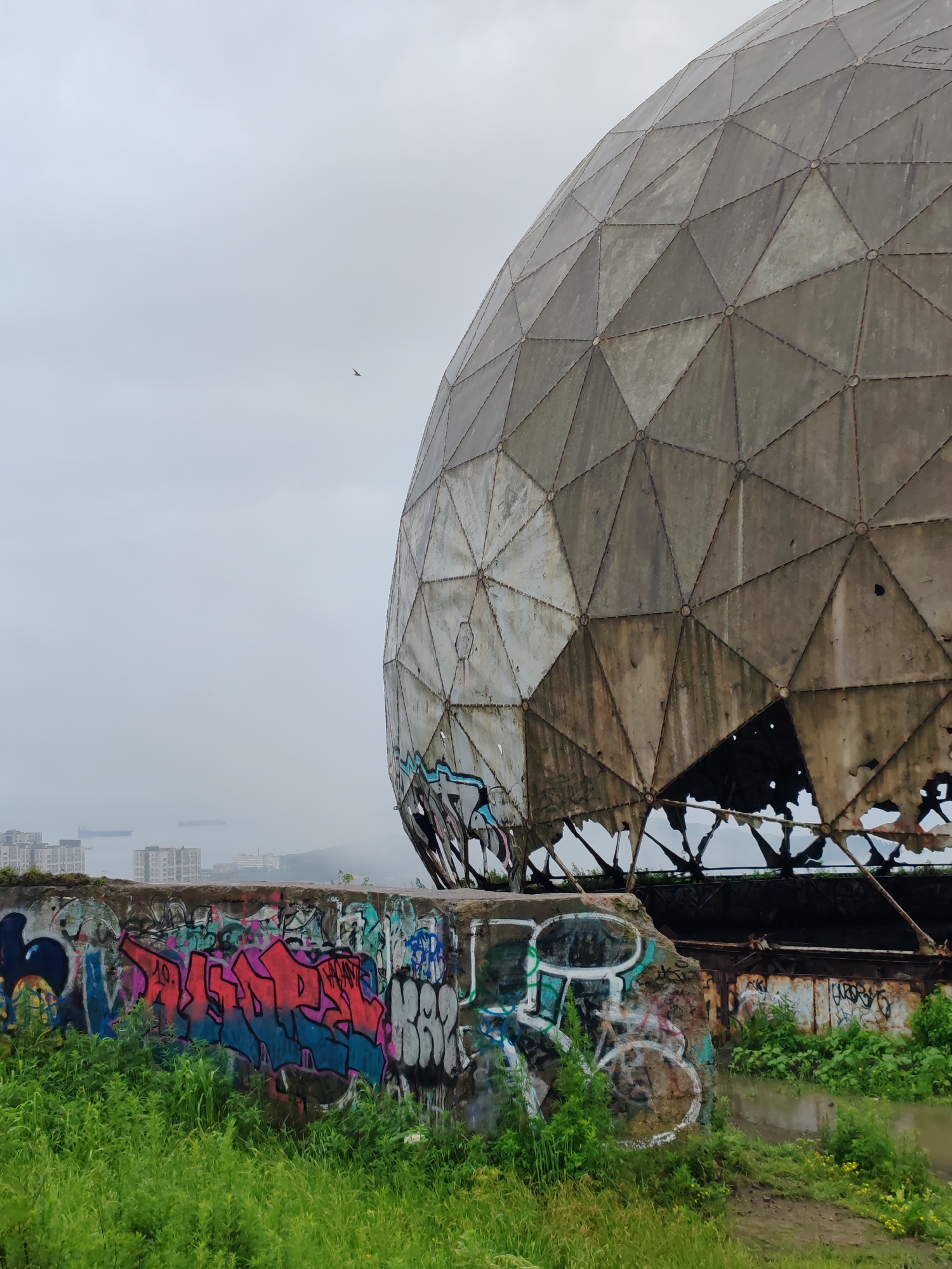 The image shows a large, geodesic dome structure, partially covered in graffiti, situated on a concrete wall. The dome appears to be made of weathered metal panels and has several large holes, revealing its internal structure. The wall in front of the dome is also heavily adorned with graffiti in various colors. Lush green grass grows in the foreground and around the base of the structure. In the background, a hazy cityscape with buildings and ships can be seen, suggesting a coastal location. The sky is overcast and gray. This structure is located in Vladivostok, Russia, specifically on the hill of Kolchakovsky Peninsula, which is part of the Voroshilov Battery.