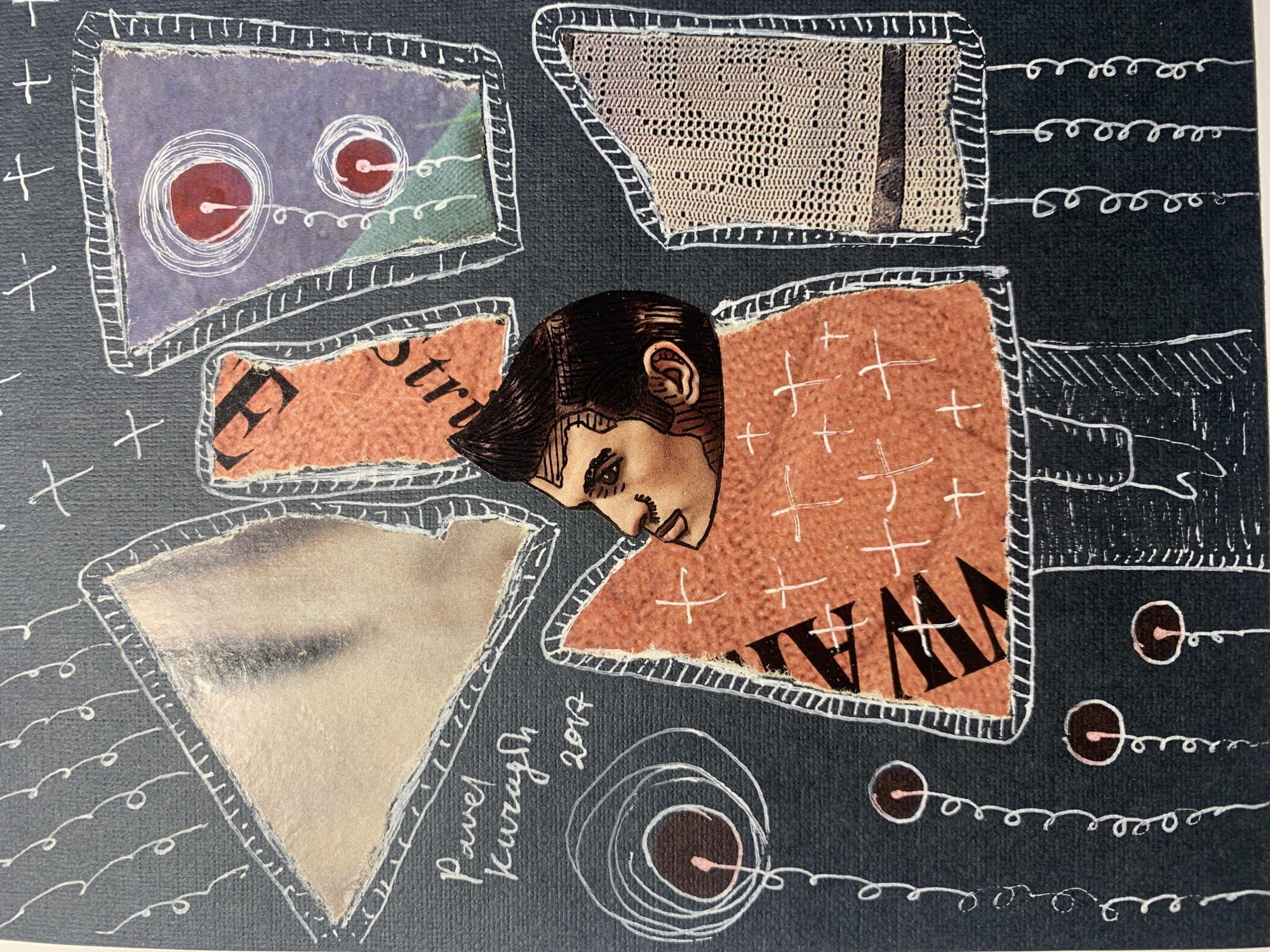 This is a mixed media collage on a dark gray textured paper. The collage features a stylized portrait of a man with a prominent pompadour hairstyle and a profile view of his face. His features are rendered with cut-out pieces of magazine or newspaper clippings and ink details. The man's head and upper torso appear to be constructed from various geometric shapes, some with textured patterns and others with decorative elements like crosses and concentric circles.
The background is adorned with hand-drawn white lines, including wavy patterns, crosses, and circles with lines extending from them, resembling stylized vines or electrical connections. The collage is signed "Pavel Kuragsh" and dated "2017" in white ink on the left side.
The image does not contain any information or context that would allow for the identification of a specific location in the city of Sergeevo, Russia, or any other geographical location.