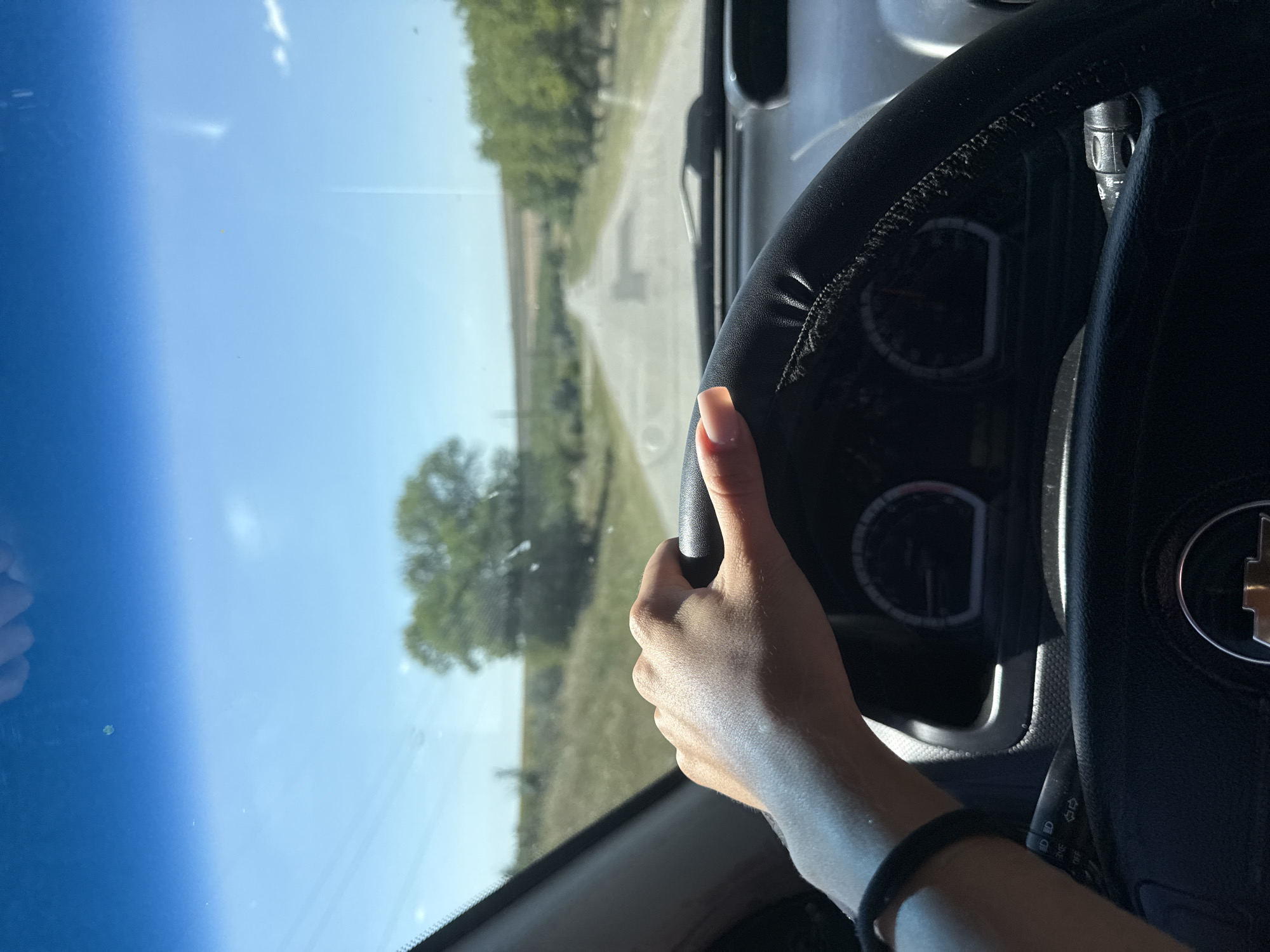 A person's left hand, with painted nails, grips the steering wheel of a car. The hand is illuminated by sunlight, casting a shadow on the dashboard. In the background, a paved road stretches into the distance, flanked by green trees and rolling hills under a clear blue sky. The dashboard features a speedometer and other gauges. The scene appears to be a sunny day drive through a rural or suburban area. There is no indication of the specific location within Basarabeasca, Moldova, as the visual elements are generic to many rural landscapes.