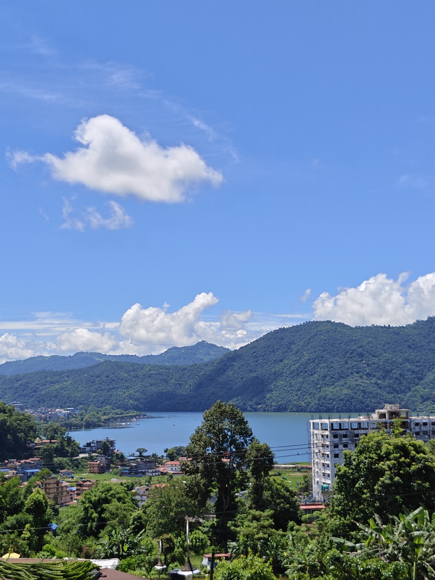 A vertical, eye-level, wide shot captures a scenic view of Phewa Lake in Pokhara, Nepal, under a bright blue sky dotted with fluffy white clouds. The lake occupies the middle ground, a serene expanse of blue water reflecting the sky. Along its western shore, a vibrant town with buildings of various colors and heights is nestled amongst lush green hills. In the foreground, dense foliage and trees create a natural frame for the scene. A large, modern, white building with many windows is situated on the right side of the frame, overlooking the lake. Boats can be seen on the water, and the distant hills are covered in a thick blanket of green vegetation. The overall impression is one of natural beauty and a thriving lakeside community.