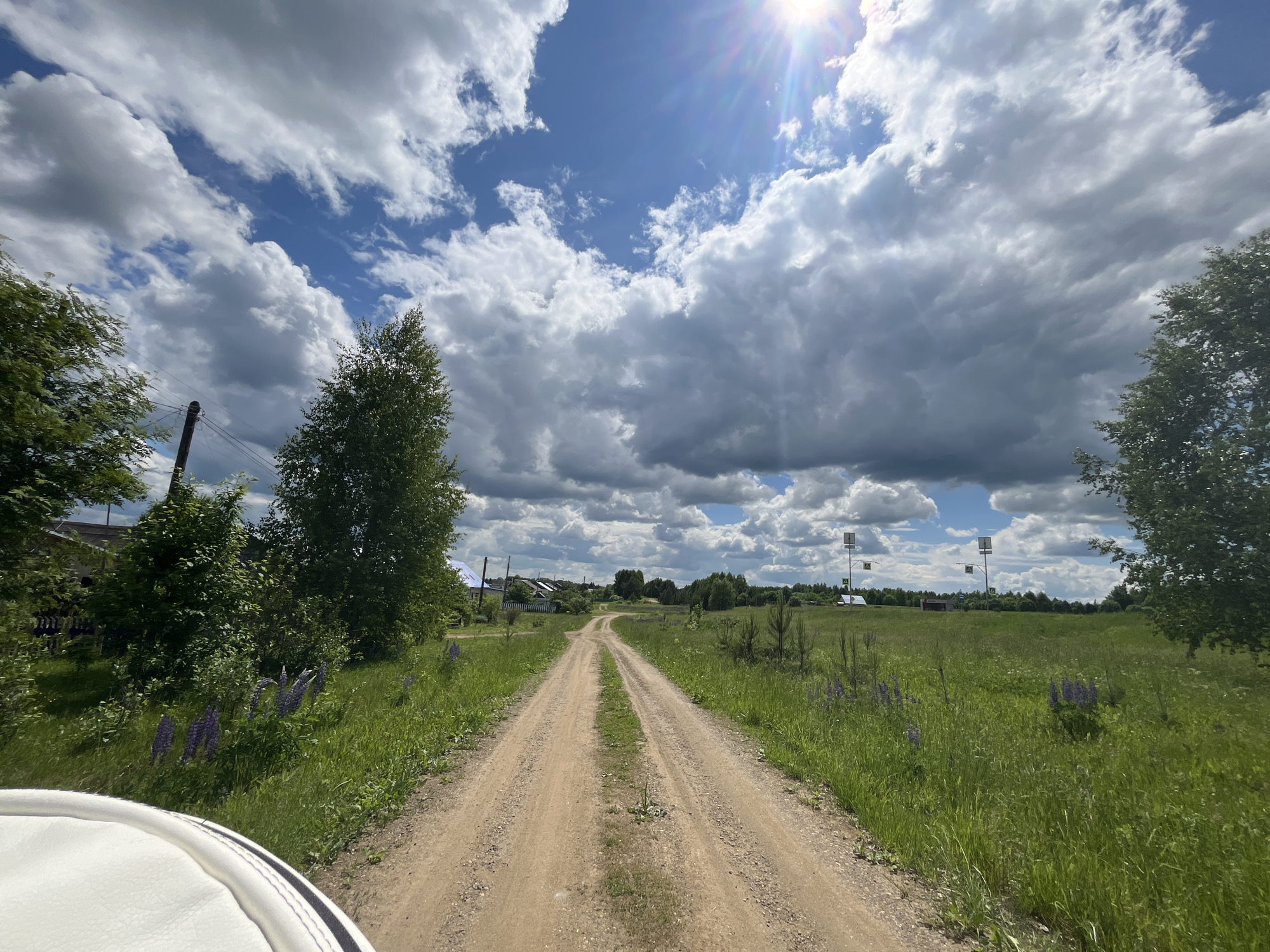 The image depicts a rural landscape on a bright, partially cloudy day. A light brown, two-track dirt road extends from the foreground into the mid-distance, curving slightly to the left, and is flanked by green vegetation. In the immediate foreground, the top edge of a white, upholstered surface, possibly a vehicle interior, is visible at the bottom of the frame.
On the left side of the road, dense green grass and various plants, including scattered purple lupines, grow alongside the path. Several broadleaf trees with full green foliage are present, with a utility pole and overhead wires visible against the sky behind them. Further left, in the mid-distance, several buildings with light-colored roofs are partially visible, suggesting a small settlement or village, identified as Сосново, Russia.
On the right side of the road, a wide expanse of green field covered in tall grass and scattered purple lupines stretches into the background. Several young, slender coniferous trees are interspersed within this field. In the mid-ground right, three tall white poles are visible, each topped with a square white sign bearing a black "A" within a yellow triangle, indicative of Russian "Pedestrian Crossing Ahead" warning signs. Further in the background, a line of trees forms a distant horizon, with additional small structures partially visible beyond the field.
The sky occupies the upper half of the image, featuring a deep blue color interspersed with large, fluffy white cumulus clouds and some darker, more uniform cloud formations. The sun is prominently visible in the upper right quadrant, emitting strong lens flares and bright rays that streak across the sky. No individuals or animals are present in the scene.
