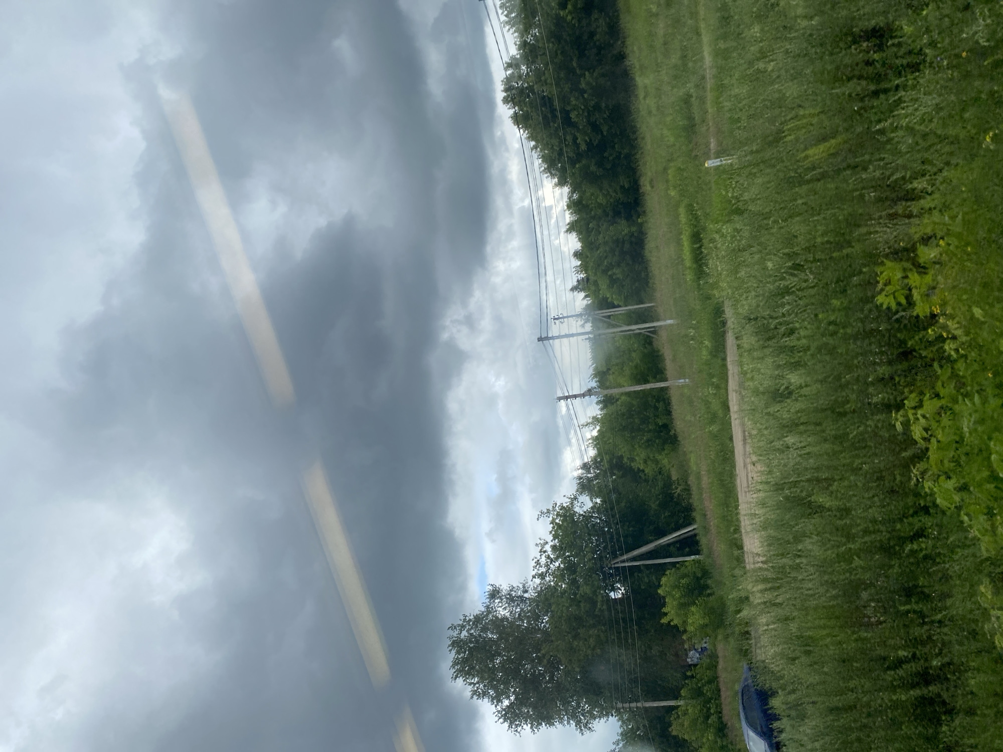 The image depicts a view of a rural landscape in the city of Nepeino, Russia, under a cloudy sky. In the foreground, dense green grass and vegetation are prominent. A dirt road runs horizontally across the middle ground. To the left of the road, a dark blue car is partially visible, parked or moving slowly. A large tree stands to the left of the road, with several utility poles and power lines extending across the scene. The background is filled with a dense line of green trees, suggesting a forested or heavily vegetated area. The sky is overcast with heavy gray clouds, with a faint horizontal light streak across the upper portion of the image, possibly a reflection or a light source. No people are clearly discernible in the image.