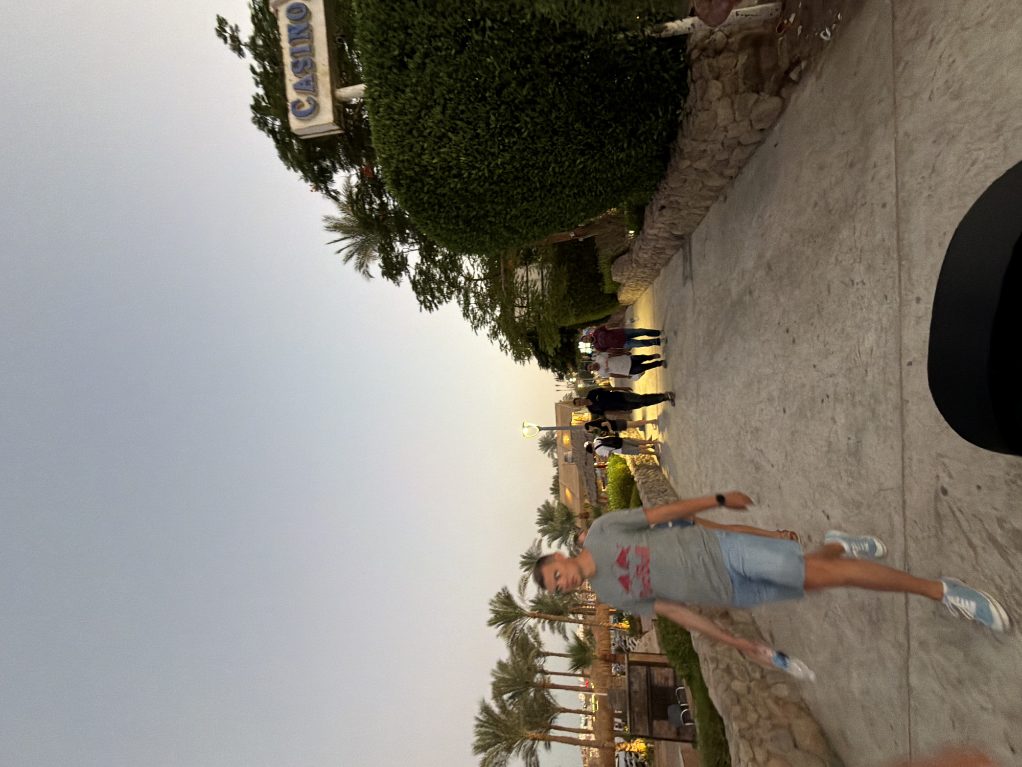 The image captures an outdoor scene in Sharm El Sheikh, Egypt, likely during the evening given the soft lighting and clear sky. A pathway made of concrete runs through the center of the frame, bordered by a stone wall and lush green bushes. Palm trees are visible in the background, suggesting a tropical or subtropical resort setting.
In the foreground, a young man walks towards the camera on the pathway. He is wearing a grey t-shirt with a red logo, light blue denim shorts, and light blue sneakers. He is holding a clear plastic bottle of water in his left hand. Further down the pathway, a group of people are walking away from the camera, some in casual attire.
Above the greenery on the right side of the image, a sign with the word "CASINO" in blue letters is visible, indicating the presence of a gambling establishment. The overall atmosphere appears relaxed and leisurely, characteristic of a tourist destination.