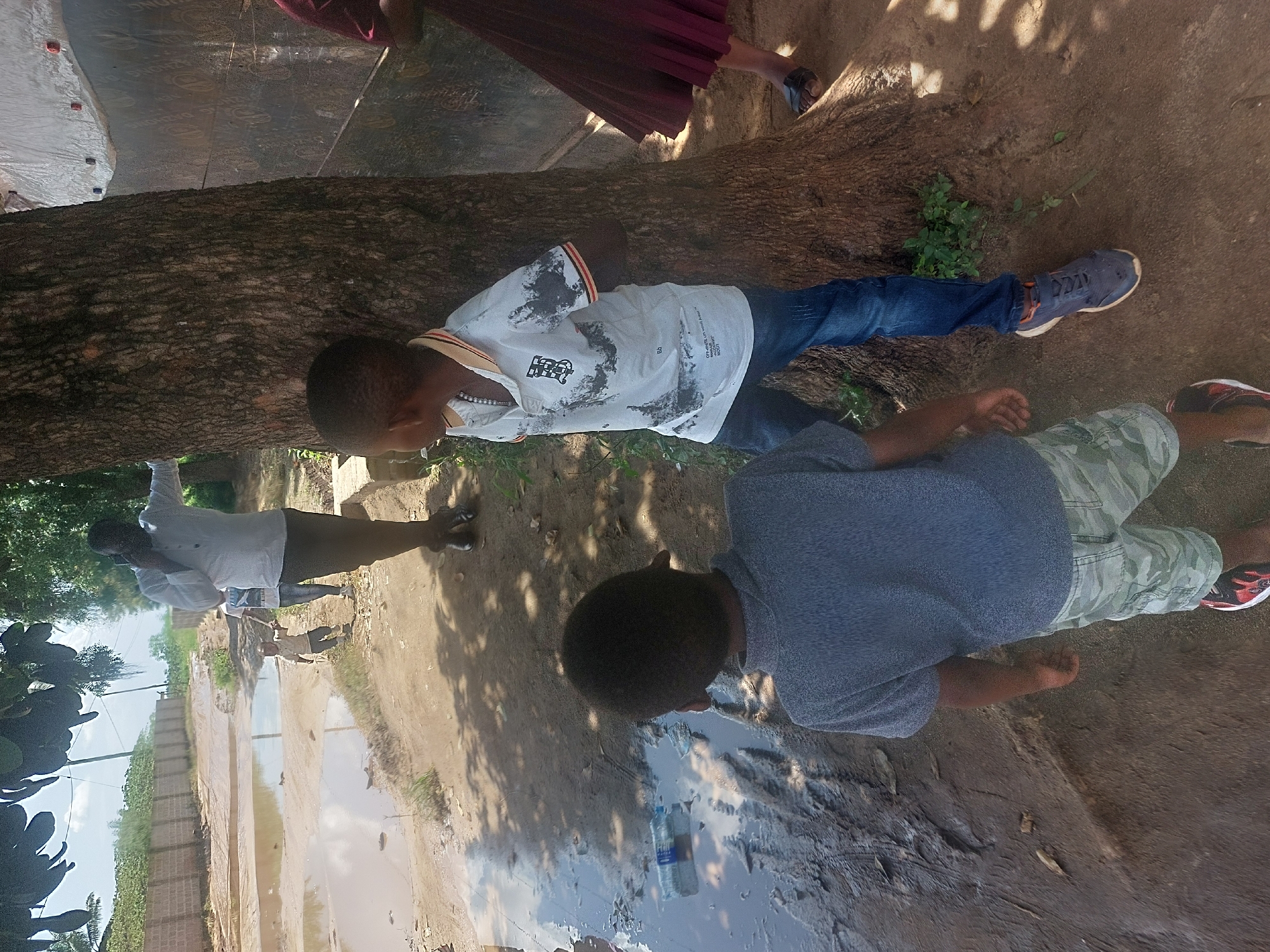 Two young boys are interacting near a large tree trunk on a dirt surface in a rural or semi-rural area. One boy lies lengthwise against the tree trunk, appearing to look toward the ground, while the other boy stands perpendicular to him, facing downward. There's a bottle of water on the ground near the standing boy. In the background, there's a dirt road with puddles of water. Other people are seen further down the road.
Given the location of Dar es Salaam, Tanzania, is provided, the environment seems less urbanized than other areas of this city. The presence of dirt roads and large puddles suggests a recent rain or flooding. The large tree indicates a natural environment. The boys appear to be engaged in some activity together, possibly involving the water bottle or the ground near the tree. The other people further down the road suggest a residential area nearby.