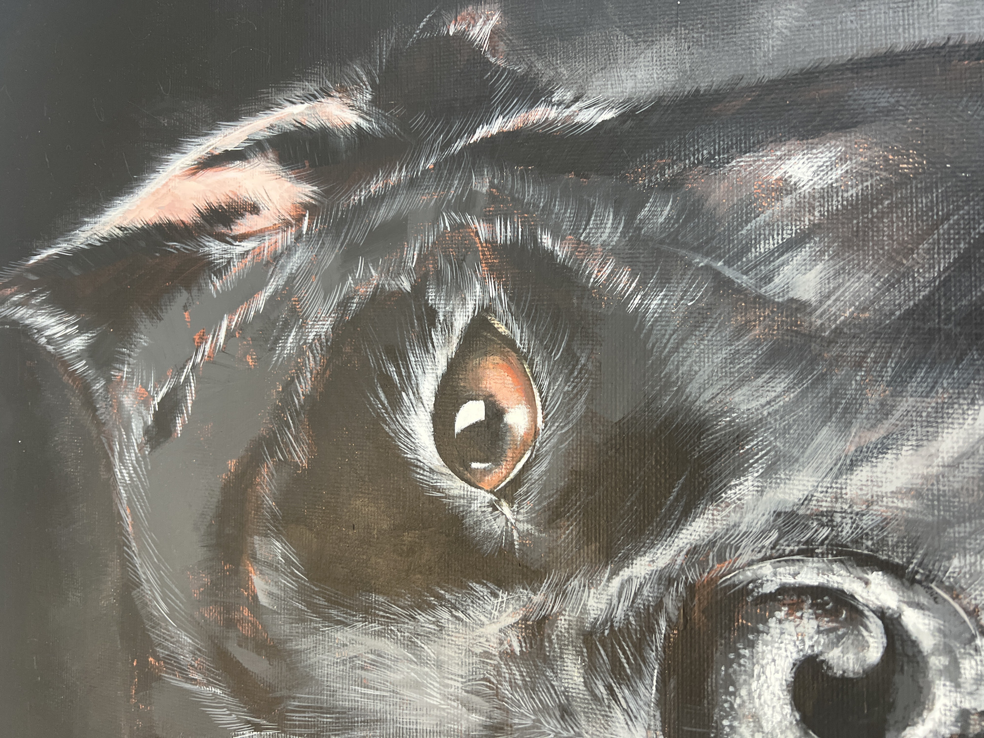 A close-up painting or drawing depicts the eye and part of the face of an animal, possibly a dog or wolf, against a dark background. The eye is brown with a white highlight. The fur surrounding the eye and snout is primarily gray, black, and brown, with individual strands delineated by thin white lines. Parts of the snout and brow are highlighted with pink. The brushstrokes and textures suggest the image is on canvas. The image contains no information related to Tyumen, Russia, nor does it contain any data about people, specific objects or interactions beyond the representation of the animal's face.