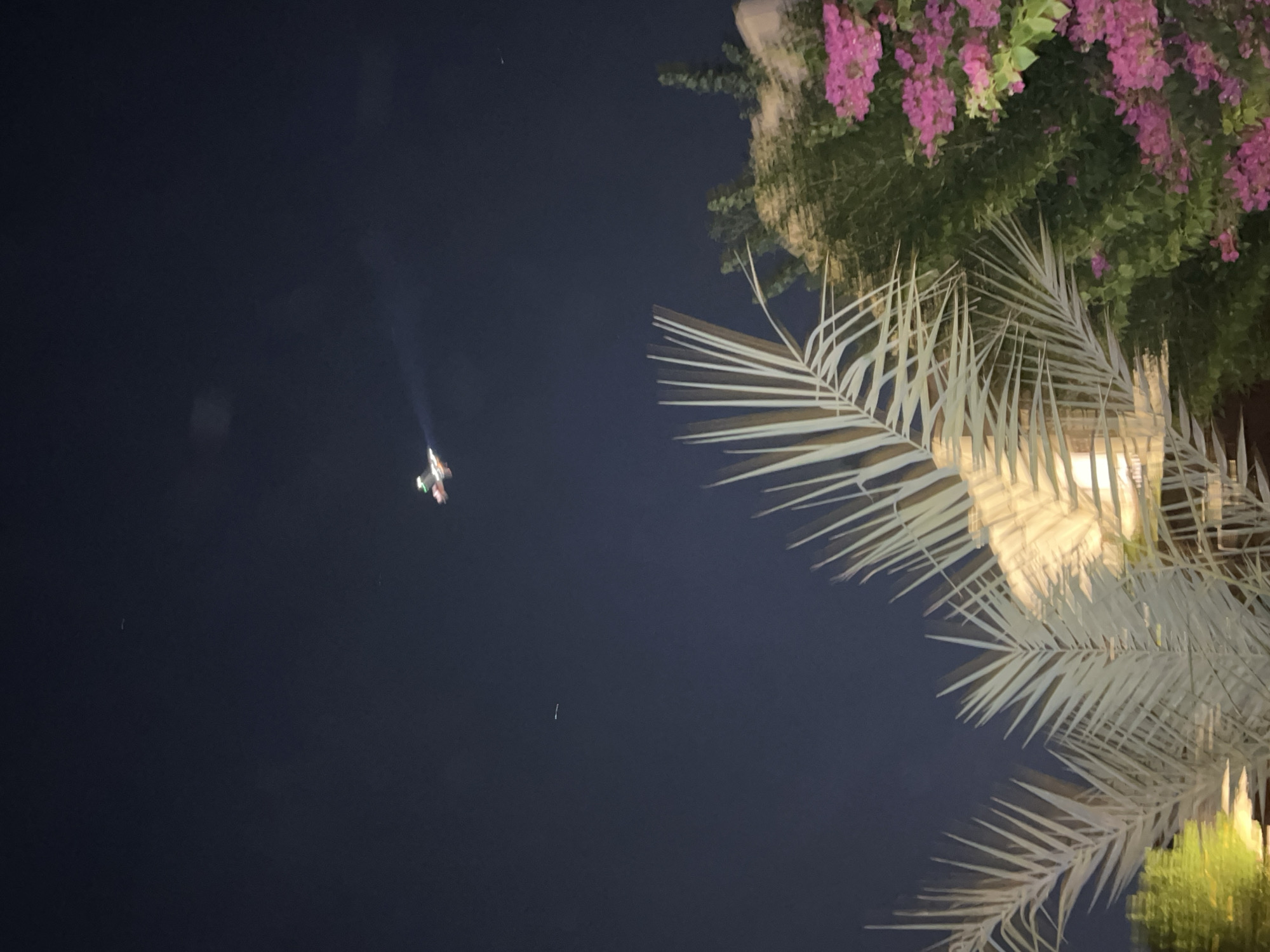The image depicts a night scene with a dark blue sky. In the upper center of the sky, a bright object, possibly an airplane or drone with illuminated features, is visible. A thin, linear streak of light is also present in the sky. The foreground is dominated by the fronds of a palm tree, which are illuminated from below with a warm, yellow light, creating a stark contrast against the dark sky. To the right of the palm tree, there is dense green foliage and clusters of vibrant pink flowers, likely bougainvillea. Behind the foliage, part of a building structure is partially visible. The setting appears to be an outdoor area, possibly a resort or residential space, in Sharm El Sheikh, Egypt, given the tropical vegetation.