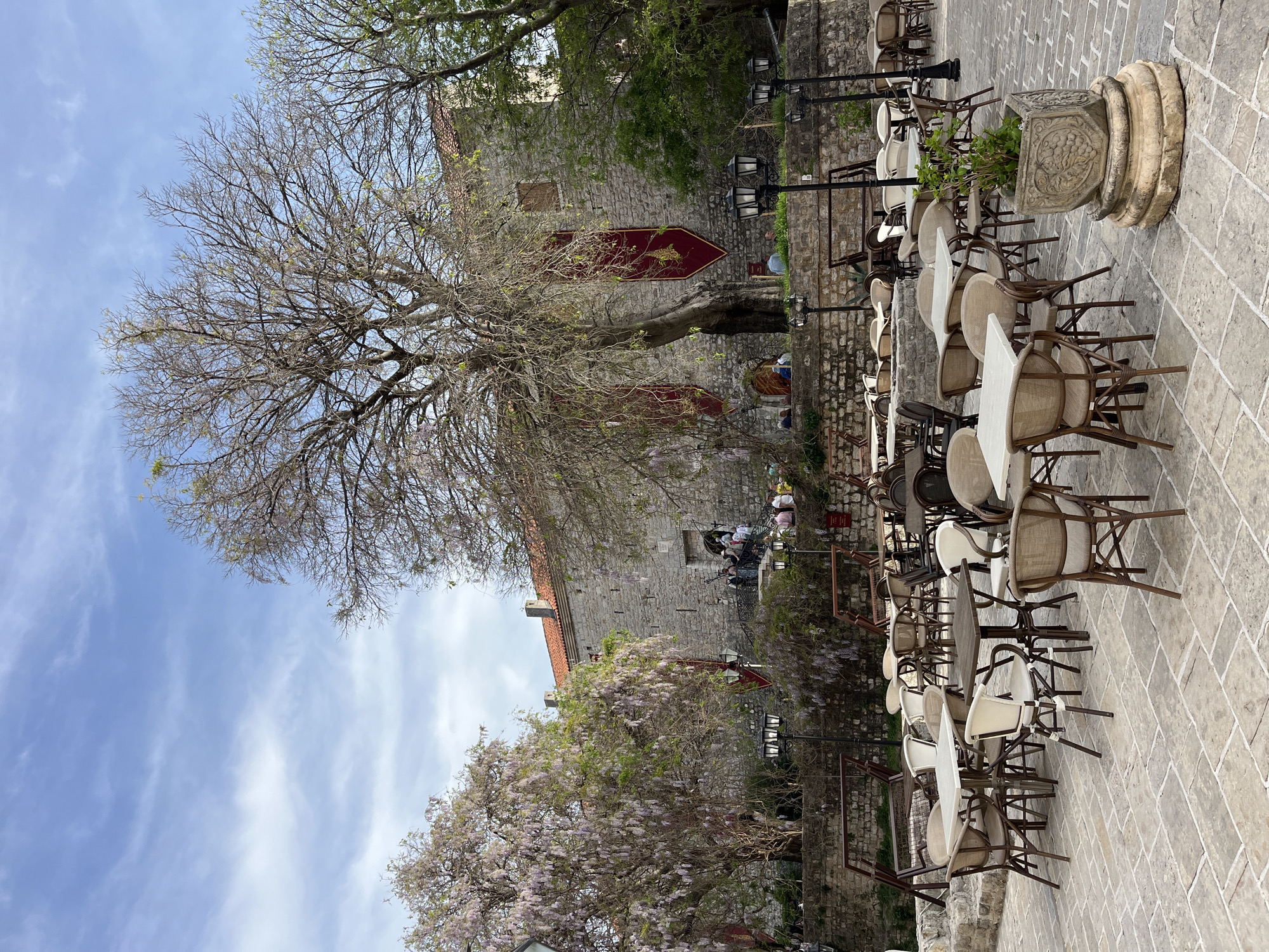 The image captures an outdoor restaurant scene in Budva, Montenegro. The restaurant's tables and chairs, with rattan-style seats and white table tops, are arranged on a paved area constructed with large stone blocks. The backdrop includes an old stone building adorned with red banners bearing emblems. A large, bare tree stands prominently in the scene, with another tree bearing light purple flowers visible in the foreground. A few people are visible beyond the stone structure. Above, a light blue sky with scattered clouds completes the scene. The image is rotated 90 degrees clockwise.