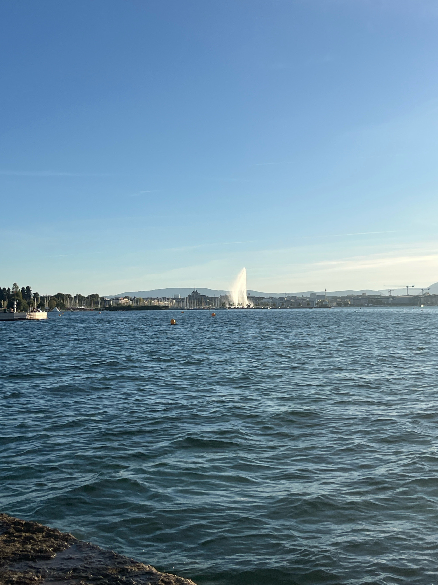 The image shows a body of water, likely Lake Geneva, with a city skyline in the background. A prominent water jet, known as the Jet d'Eau, is visible in the distance, rising high into the clear blue sky. The cityscape includes various buildings and structures, and a line of trees can be seen along the shore. Several sailboats are moored in the water, and buoys are scattered across the surface. In the foreground, there is a rocky embankment. The overall scene depicts a waterfront view of a city, possibly Geneva, Switzerland, given the presence of the Jet d'Eau, a famous landmark. There are no people clearly visible in the image.