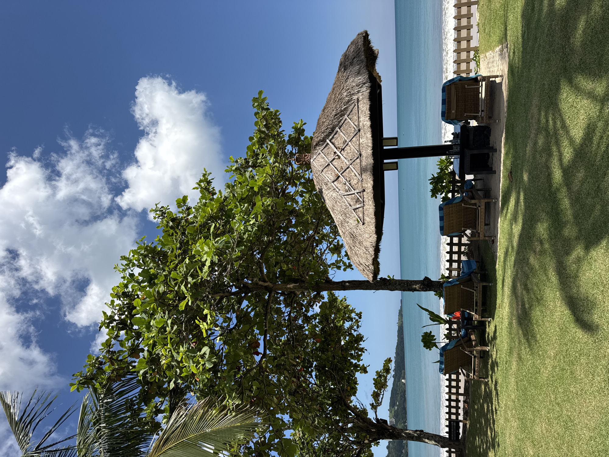 The image depicts a tropical beach scene, possibly in Kuta Selatan, Indonesia. The turquoise ocean meets a sandy beach lined with a low wooden fence. On the right, a grassy area features lounge chairs under a thatched umbrella. A large tree with green foliage dominates the left side of the frame. The sky is blue with scattered white clouds. The scene is sunny and bright. There are no people visible in the image.