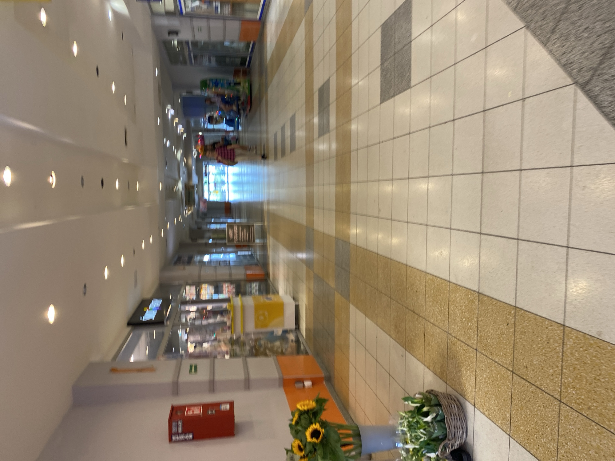 The image depicts an interior hallway of a commercial building, possibly a shopping mall or an arcade, in Szczecin, Poland. The hallway is tiled with a patterned floor consisting of beige, white, and grey squares. The ceiling is illuminated by numerous circular light fixtures. On the left side of the hallway, a red fire extinguisher box is mounted on a light-colored wall. Further down the hallway, there are shopfronts and kiosks. One kiosk is yellow and white. People are visible walking or standing in the distance. One person in the mid-ground is wearing a striped shirt. In the foreground, to the left, a vase of sunflowers is placed next to a basket of green plants. The overall impression is that of a clean, well-lit public indoor space.
