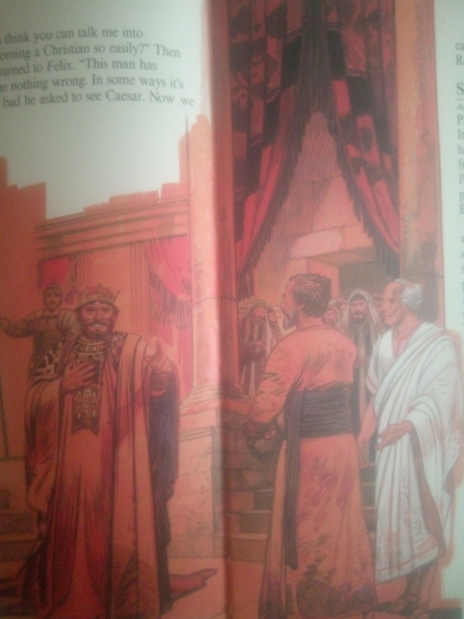 The image depicts an illustration from a book, featuring a scene with several figures in historical attire. On the left, a king-like figure wearing a crown and ornate robe stands with his hand on his chest, looking directly at the viewer. Behind him, another figure in military attire is visible. To the right, in the foreground, two men are engaged in conversation. One man, facing away from the viewer, wears a simple tunic, while the other, in a white toga, faces the viewer. Behind them, a crowd of people dressed in robes and head coverings are gathered. The background suggests an interior setting with architectural elements and draped fabric. The illustration style is painterly, with warm, earthy tones. There is text visible on the left side of the image which appears to be a book excerpt. The image does not provide any information or context related to the city of Jauro Yinu, Nigeria.