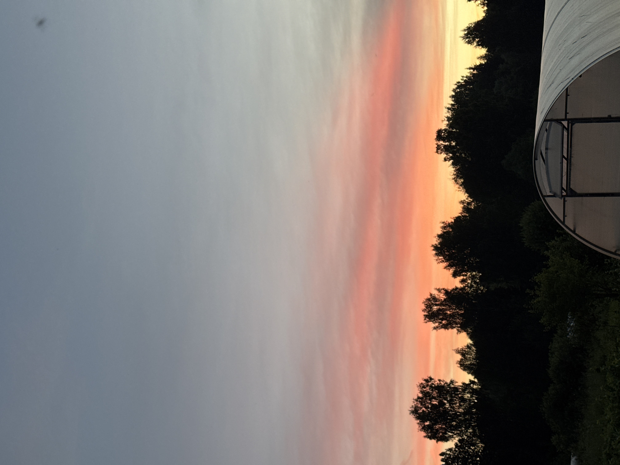 This image shows a rural landscape in Maksimovo, Russia, during sunset. The sky transitions from a pale blue at the top to vibrant hues of pink and orange near the horizon. A silhouette of a dense forest lines the middle ground, with the dark shapes of trees creating a stark contrast against the colorful sky. In the foreground, the white, arched roof of a greenhouse is partially visible on the right side of the frame, and low-lying vegetation is present in the lower left. No people are visible in the scene.