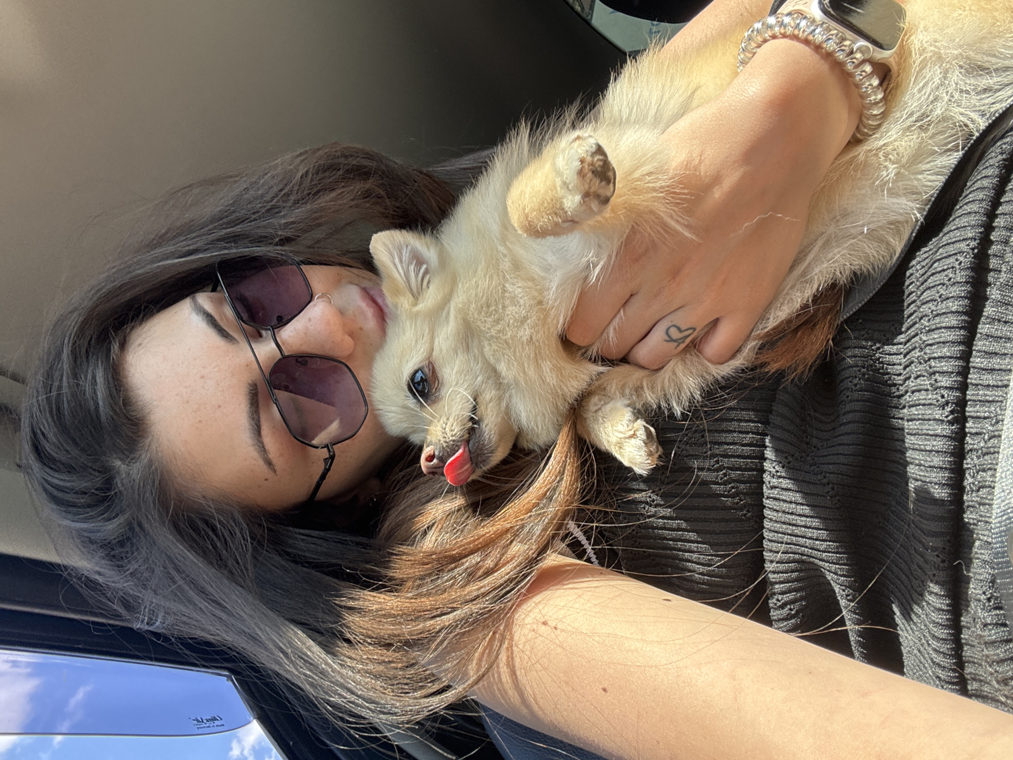 A woman, with long dark hair and sunglasses, holds a small, light-colored dog in her arms. She is in the passenger seat of a car, with the sun shining through the window, creating strong shadows. The dog is looking towards the camera with its tongue sticking out. A tattoo of a heart is visible on the woman's left hand, and she is wearing a silver bracelet on her right wrist. The interior of the car is dark gray. The image was taken in Sofia, Bulgaria.