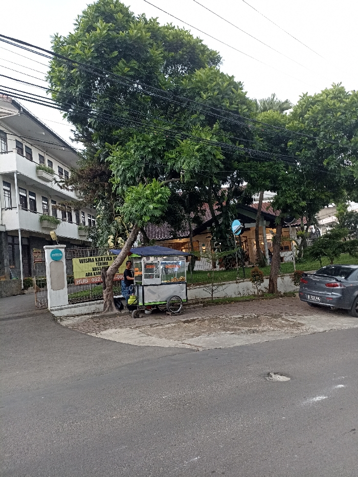 The scene takes place on a street in Jatinangor, Indonesia, located at the coordinates -6.936 latitude and 107.774 longitude. A man stands beside a food cart on a brick sidewalk next to a paved street. The cart appears to sell various foods. The man appears to be in his late 20s or early 30s. He is wearing a gray shirt and blue jeans and is standing near the front of the food cart. He is looking down at the cart. The food cart is a standard, two-wheeled model, with a large white canvas awning. The cart is parked facing the street. A white building with a blue sign advertising the "Wisma Kartika" is on the left. The building has a second-story balcony. The street is paved and is flanked by a grassy area on the right. A gray car is parked in the grass. The car's license plate can be seen on the back of the car. Two large trees are in the center and right sides of the image. A building is in the background, partially obstructed by trees. Many overhead power lines are present. The weather appears to be overcast and gray.