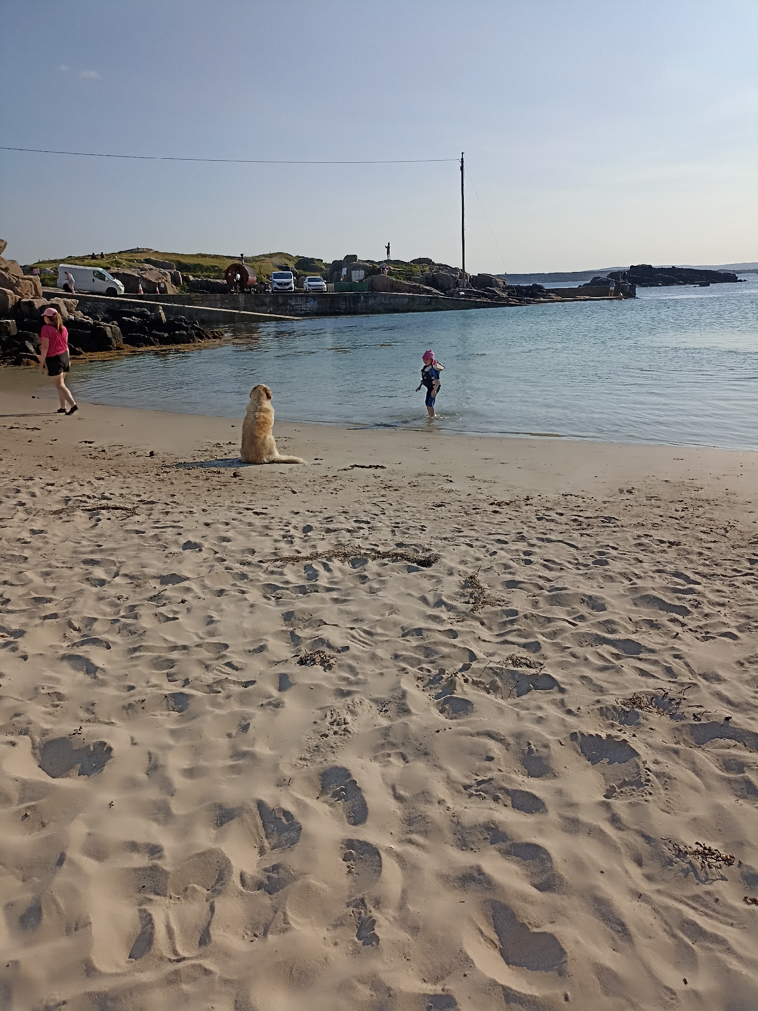 A sunny, clear day at the Carnboy, Ireland beach. The foreground is dominated by rippled sand with footprints. In the midground, a golden retriever sits on the sand facing away from the camera. To the left, a person wearing a pink hat and t-shirt walks on the sand towards the water. In the shallow water, a child wearing a pink hat and a life vest is standing. The background shows a rocky shoreline with several cars parked on a paved area. The sea is calm and blue.