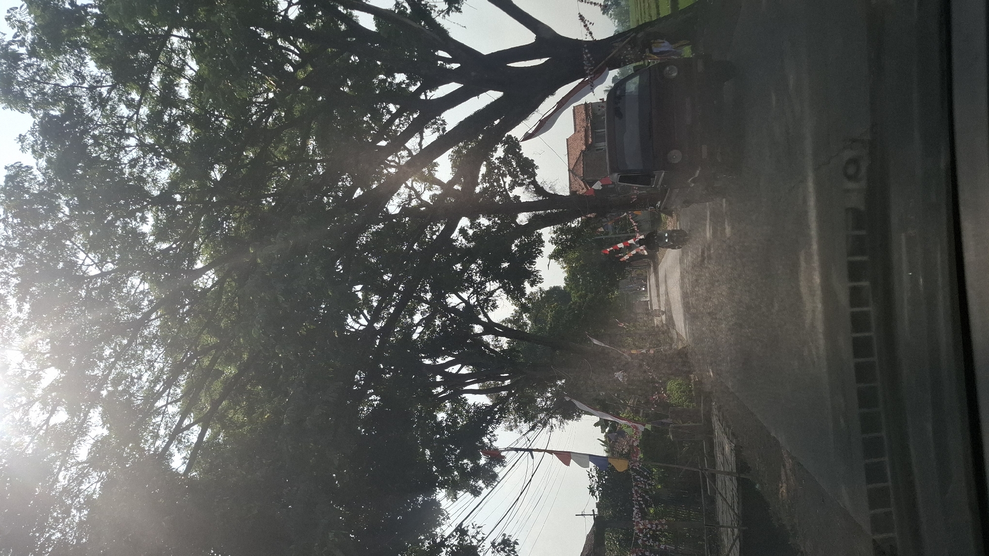 In Sukasari, Indonesia, a street scene unfolds under a bright, sunlit sky with trees arching overhead. The perspective appears to be from within a vehicle, looking forward. A paved road leads into the distance, bordered by lush green foliage and tall trees that cast dappled shadows. Along the sides of the road, decorative flags, some red and white, are visible, suggesting a festive occasion or national celebration.
Several vehicles are present on the road. A dark-colored pickup truck is parked on the right side of the road, and a motorcycle is moving away from the viewer in the center. In the distance, other vehicles and people are discernible, though less distinct due to the lighting and focus. Power lines are strung across the left side of the frame, and houses with red tile roofs can be seen nestled among the trees. The overall impression is of a rural or suburban street scene in Indonesia, possibly during a day of celebration.