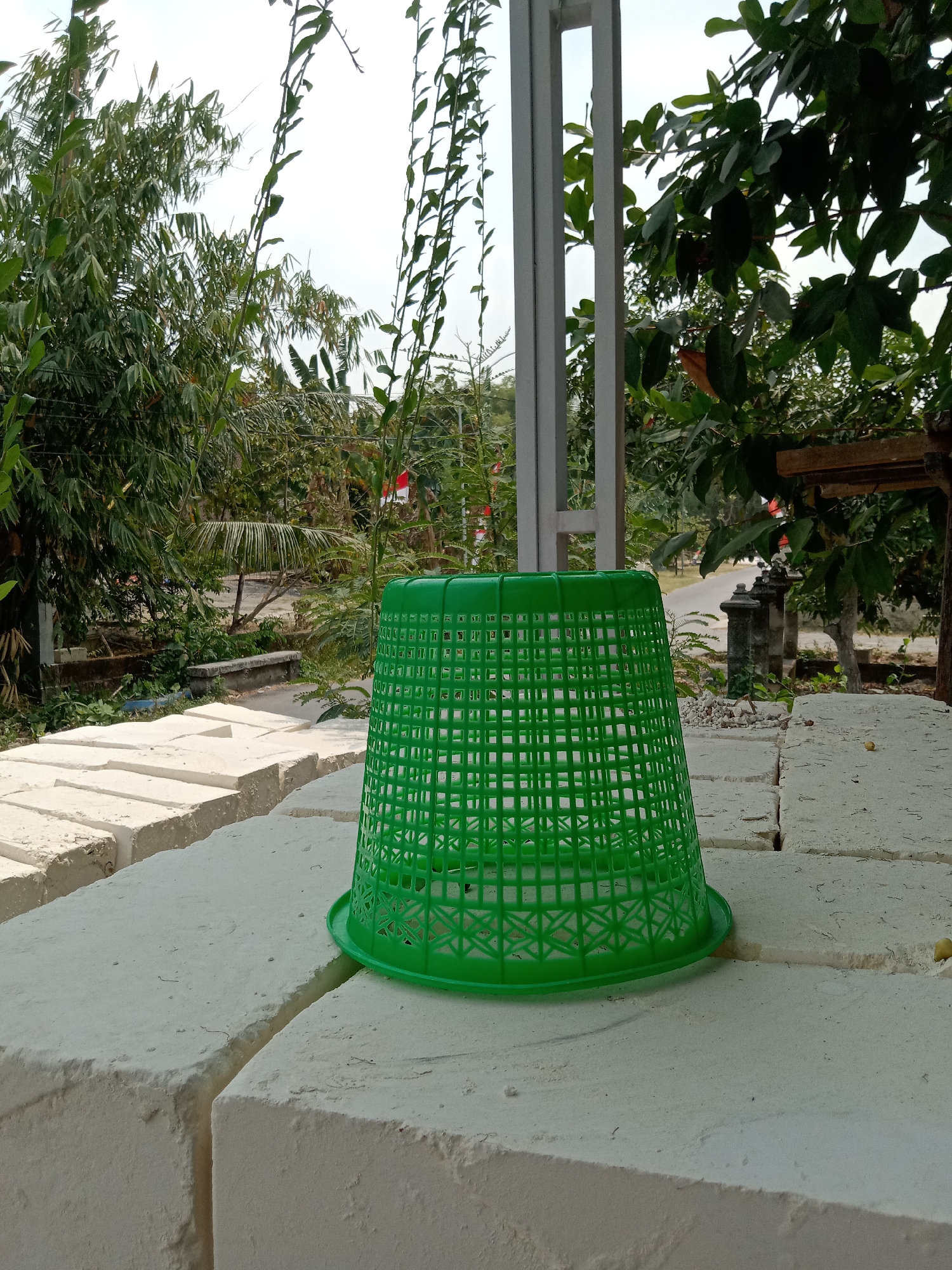 A bright green plastic basket with a grid pattern is placed on a row of stacked white rectangular blocks in Pacing, Indonesia. The basket is positioned in the foreground, with its wide base resting on the blocks. Behind the basket, a metal pole and some trees are visible. Beyond the trees, a road and more foliage can be seen. The sky is overcast.