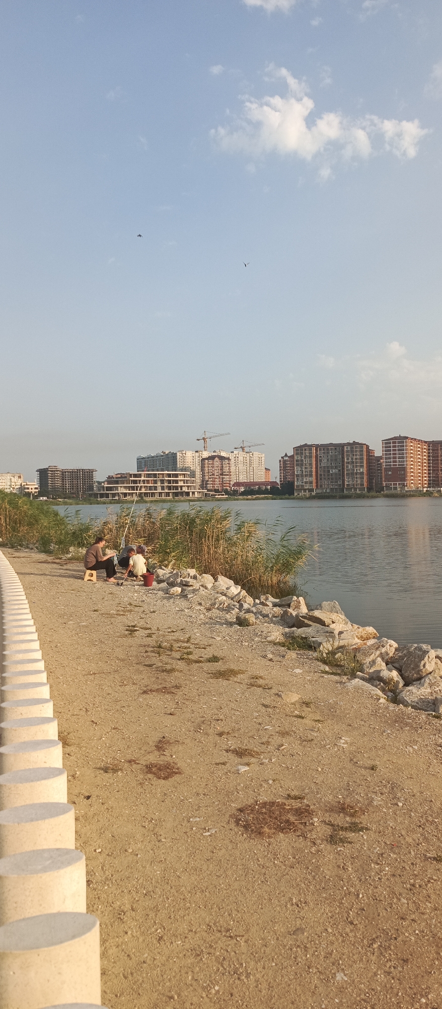The image depicts a waterfront scene in Makhachkala, Russia, likely during daytime. The foreground features a sandy path bordered by concrete bollards on the left and a rocky embankment on the right. Two individuals, one adult and one child, are seated on the embankment, appearing to be fishing. The adult is sitting on a small stool and holding a fishing rod, while the child is kneeling beside a red bucket, also with a fishing rod. They are surrounded by tall reeds.
In the mid-ground, a body of water, likely a bay or inlet, separates the shore from the cityscape. Across the water, a line of multi-story apartment buildings and construction sites dominates the horizon. Several cranes are visible among the buildings, indicating ongoing development. The sky is a light blue with scattered white clouds. Two birds are in flight in the distance. The overall impression is one of a developing urban area situated along a waterfront.