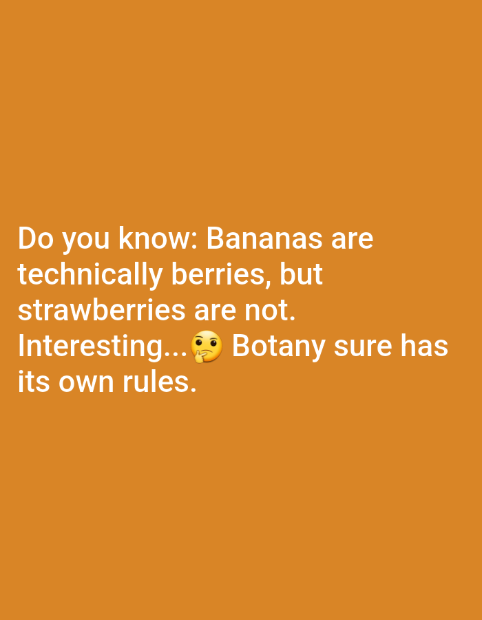 A white text overlay on an orange background reads: "Do you know: Bananas are technically berries, but strawberries are not. Interesting... ๐ค Botany sure has its own rules." The text is left-aligned and spans across multiple lines.