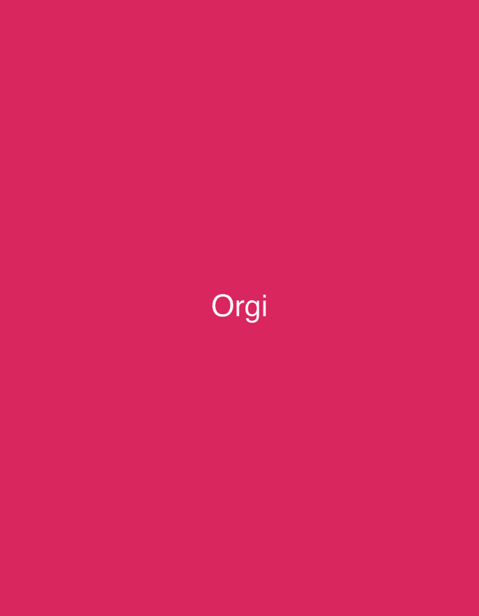 The image displays a solid, uniform magenta background, which appears devoid of any discernible textures, patterns, or environmental elements. Centrally positioned on this monochrome field is the word "Orgi," rendered in white, uppercase, sans-serif typography. No individuals, additional subjects, physical objects beyond the text, or observable actions or interactions are present within the visual frame. The scene is a minimalist graphical representation, abstract in nature, and is to be considered conceptually located within the city of Casablanca, Morocco.