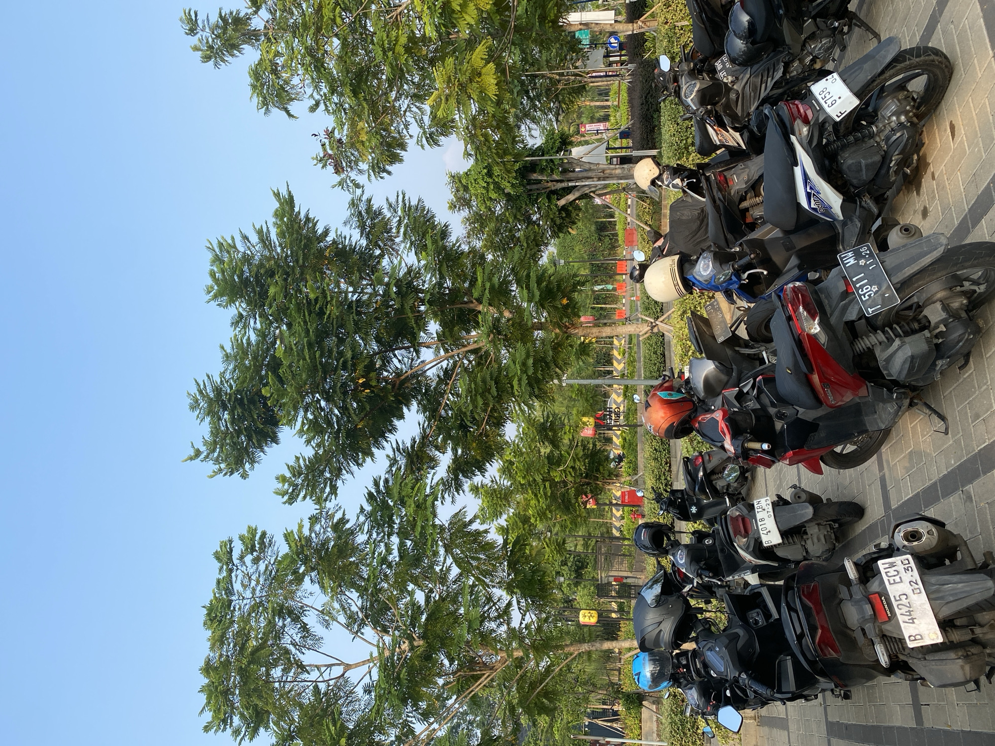 In Rawa Terate, Indonesia, a parking lot filled with motorcycles is captured under a clear blue sky, bordered by lush green trees. The motorcycles are parked in neat rows on a paved surface. Helmets are placed on some of the seats, suggesting a brief absence of their riders. Several of the motorcycles have visible license plates, with some displaying Indonesian alphanumeric characters and numbers, such as "B 4425 ECW" and "T 5611 MM". In the background, a few streetlights and ornamental lamps can be seen, adding to the urban atmosphere of the location. The overall scene is one of a typical day in this Indonesian city, where motorcycles are a common mode of transportation.