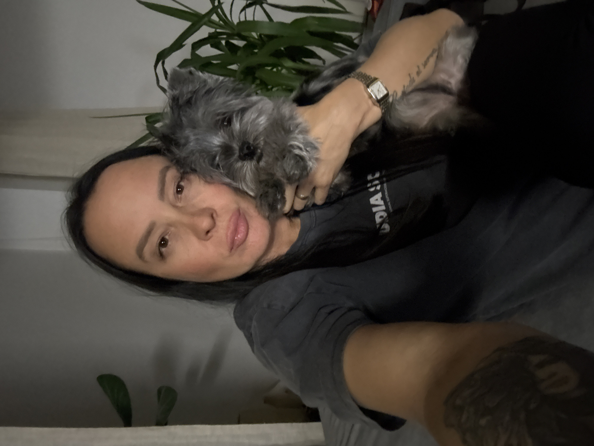 A selfie captures a person with long, dark hair, positioned next to a small, grey dog. The dog is nestled close to the person's face. The person has a watch on their wrist and a tattoo visible on their arm. There is a potted green plant visible in the background. The location is Chaikovsky, Russia.