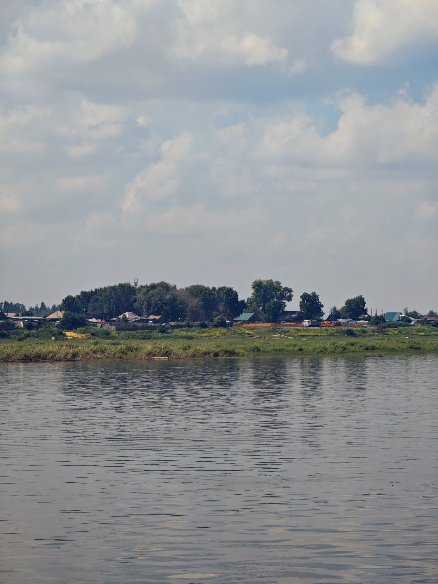 The image captures a tranquil waterscape with a distant village situated along a verdant embankment. The foreground is dominated by the rippling surface of a body of water, reflecting the soft light of the sky. The water exhibits a slightly muted, grayish-blue hue with gentle waves creating horizontal patterns.
Beyond the water, a narrow strip of land forms the shoreline, covered in lush green grass and reeds. A few small, light-colored logs or debris are scattered along the water's edge.
The midground features a settlement nestled amongst trees and low-lying structures. The village appears to be in Pogodaevo, Russia, characterized by a collection of houses with pitched roofs in various colors, including green, brown, and white. Some of the buildings are partially obscured by the dense foliage of mature trees. A telecommunications tower is visible rising above the trees in the distance. The landscape appears residential and rural, with elements suggesting a quiet, established community.
The background is defined by a cloudy sky. The clouds are a mix of white and gray, with patches of blue sky visible between them, indicating a partly cloudy day. The overall atmosphere of the image is serene and peaceful, portraying a typical day in a riverside Russian village.