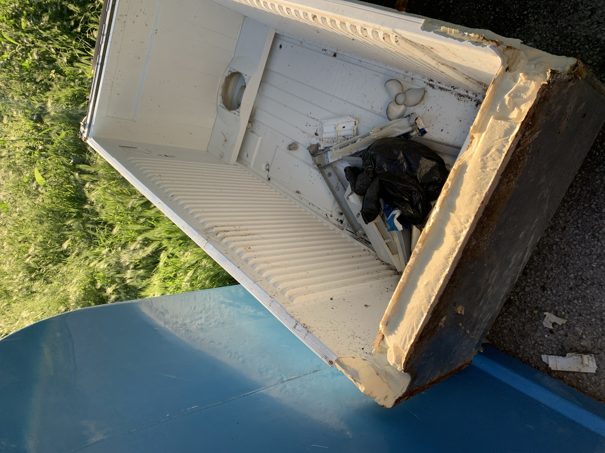 An outdoor scene shows the interior of a discarded refrigerator lying on its side, partially atop a blue object. The refrigerator's white interior contains debris, including a black plastic bag and what appears to be parts of the refrigerator itself. The insulation around the refrigerator's edge is visible, and the outer casing appears rusty. Grass is visible on one side of the objects, while asphalt is visible on the other. The location is unidentified.