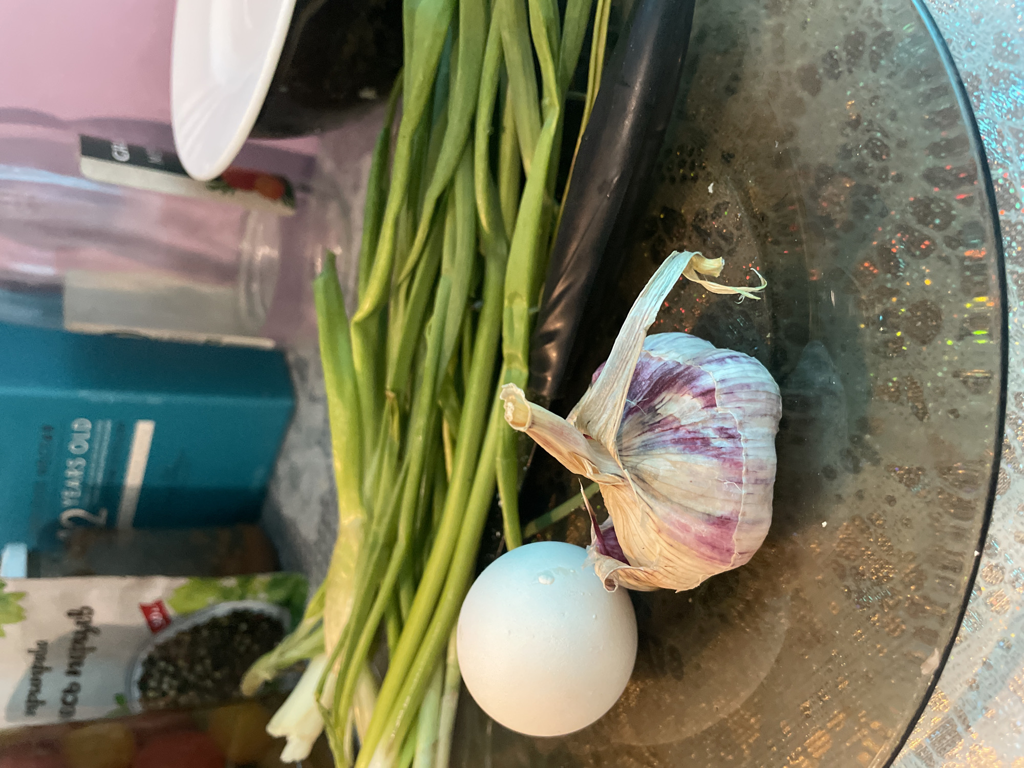 A high-angle, tilted close-up shot depicts a glass plate containing an egg, a head of garlic, scallions, and a dark-colored, unidentifiable object. The scene appears to be indoors, with items stacked haphazardly in the background. The garlic has purple and white stripes on its outer layer, and the scallions are green and white. The egg is white and round. The photo provides no information to establish that this photo was taken in Olginka, Russia.