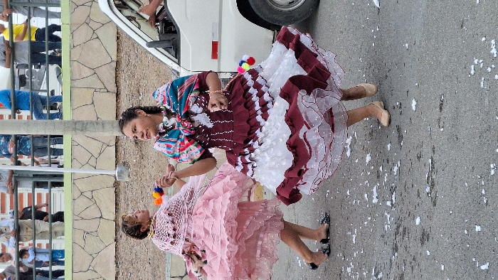 The image displays two young females, likely girls or young women, performing a traditional dance outdoors on what appears to be a paved street or square during daylight hours. The image is oriented vertically (if rotated 90 degrees clockwise from its current state).
The two dancers are the central focus. The girl on the left, appearing slightly taller, wears an elaborate, multi-layered dress primarily in maroon and white. The maroon sections feature white embroidered or appliquéd patterns, and the white layers are ruffled and semi-translucent, possibly with glitter or sparkle. She has a vibrantly patterned shawl, possibly a rebozo, draped over her shoulders, with colors like blue, pink, and white. Her dark hair is pulled back, and she wears dark earrings. She has a wide, joyful smile, looking towards the viewer or just beyond. Her feet are adorned with light beige ballet-style flats.
Beside her, to the right, is a younger girl also in a similarly ruffled and layered dress, but in a delicate light pink hue. She wears a lighter, possibly crocheted or lacy, shawl over her shoulders. Her dark hair is also neatly pulled back, and she too displays a cheerful smile, looking slightly upwards. She holds hands with the first girl and, in her other hand, a small colorful prop, possibly a rattle or decoration with yellow, orange, and blue pom-poms. Her footwear consists of dark, likely black, flat shoes or sandals with some embellishment on the front.
Both girls are captured mid-movement, their voluminous dresses swirling around them, suggesting an active dance. The ground beneath them is dark grey asphalt or concrete, speckled with numerous small white pieces, consistent with confetti or chalk from a festive event.
In the background, behind a metal railing or fence, several spectators are visible, watching the performance. They are casually dressed. Behind the spectators, a building with a textured, stone-patterned wall and a light green base or trim can be seen. Part of a white vehicle, possibly a van or truck, is also visible on the far left side of the frame. The scene is brightly illuminated by natural daylight. No discernible text is visible in the image. The overall atmosphere conveyed is one of joy and celebration.