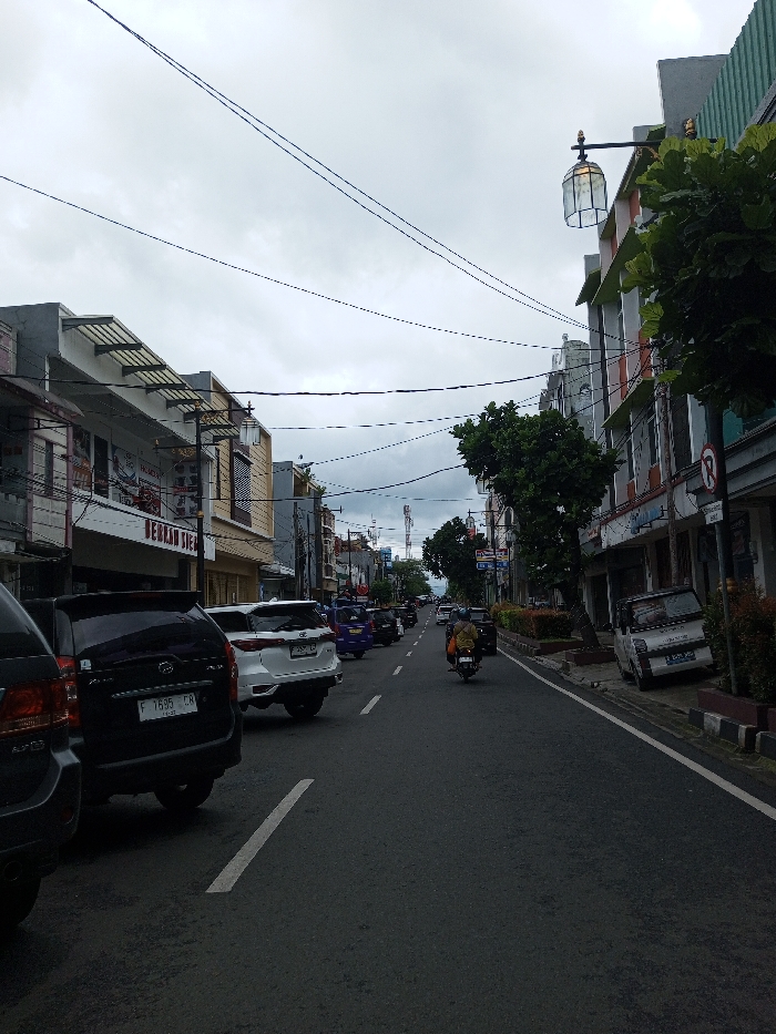 The image depicts a street scene in the city of Vaatharawattai, Sri Lanka, under an overcast sky. An asphalt road, marked with white dashed and solid lines, extends into the distance, flanked by multi-story commercial buildings.
On the left side of the street, several vehicles are parked parallel to the curb. In the foreground, a dark-colored SUV, possibly a Daihatsu or similar model, displays a license plate reading 'F 7695 CR'. Ahead of it, a white SUV, possibly a Toyota Fortuner, is also parked. The buildings on the left feature various architectural styles, some with awnings and balconies. A prominent sign on one building clearly displays text, including 'BERKAH JIEWA'. Numerous black electrical or communication wires crisscross overhead.
On the right side of the street, buildings continue to line the road. One building exhibits a greenish textured facade. A decorative street lamp with a caged glass fixture protrudes from a building wall. Further down, a 'No Parking' sign (red circle with a diagonal line) is visible on a pole near the sidewalk. A white compact utility vehicle is parked partially on the sidewalk. Green foliage, including trees and shrubs, is present along the right sidewalk and in planters.
In the middle of the road, a motorcyclist, carrying a passenger, is observed traveling away from the viewer. Other vehicles, including cars and motorcycles, are visible further down the street, indicating active traffic. In the distant background, a tall cellular or communication tower is discernible against the cloudy horizon, and more urban structures extend into the haze.