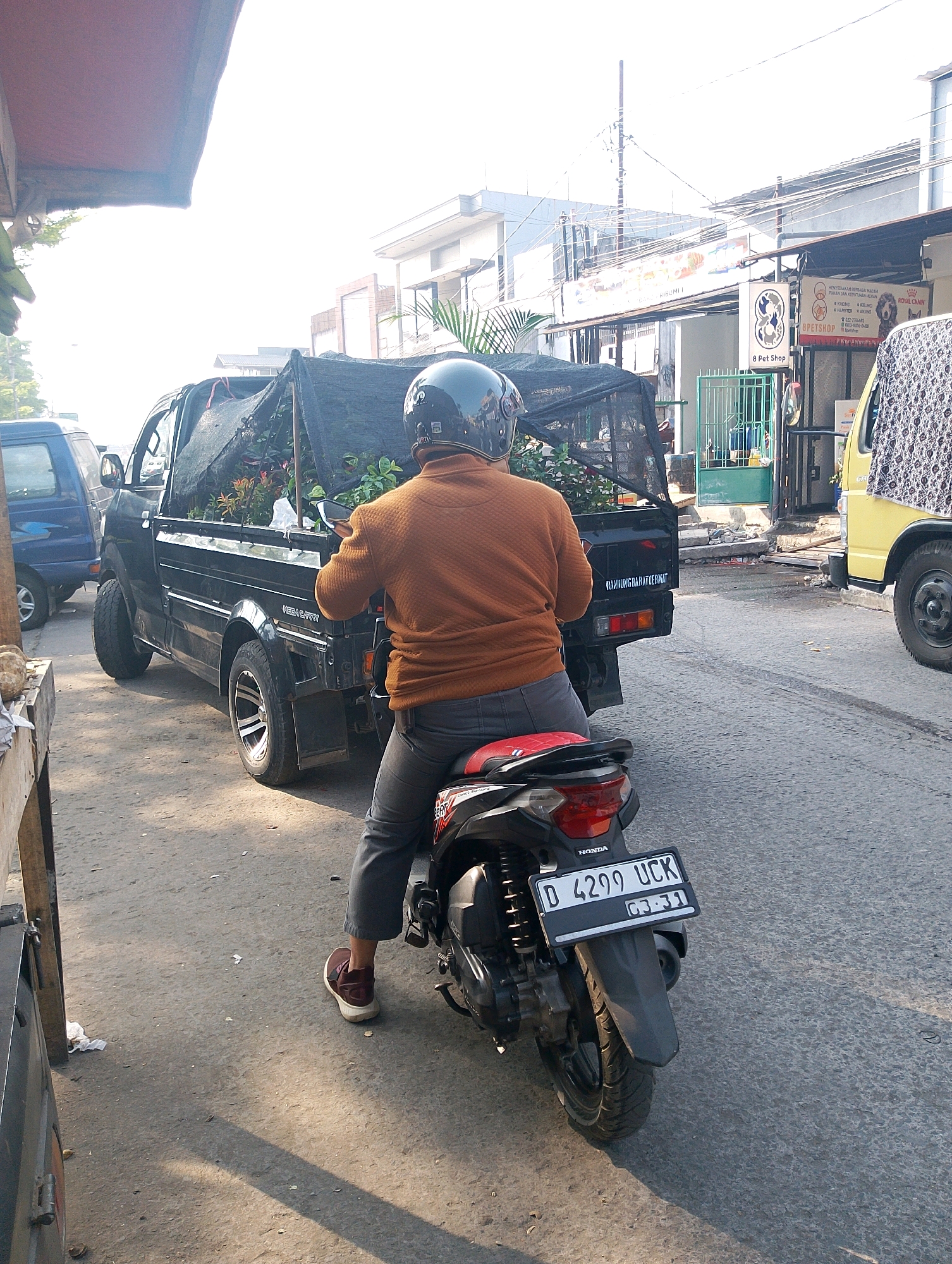 A medium shot captures a person on a motorcycle in Lembang, Indonesia, at street level. The person, wearing a brown knitted sweater, gray pants, and a dark helmet, is seated on a black scooter facing away from the camera. The scooter's license plate reads "D 4299 UCK". To the left of the scooter is the rear of a black pickup truck, loaded with plants and covered with a black tarp. The truck has "MEGA CARRY" written on its side. Further left is a blue vehicle. In the background, a yellow truck is visible on the right, and buildings line the street. The ground is paved with asphalt. The scene is illuminated by natural daylight.