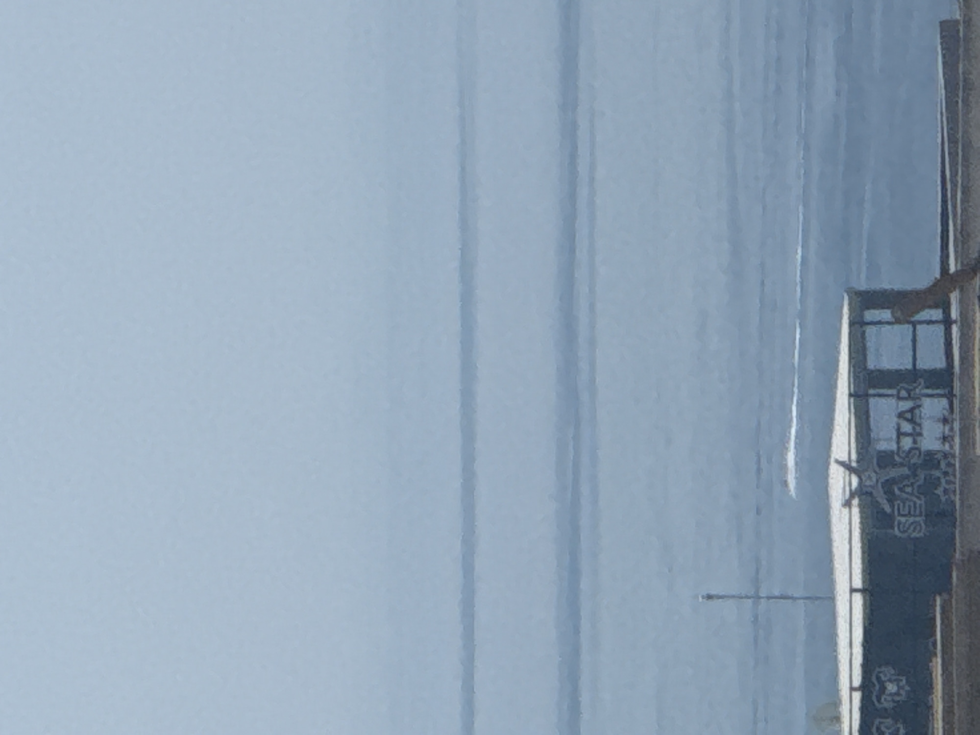 The image shows a hazy view of the sea and a structure with the words "SEA STAR" visible. The sea is a pale blue, with subtle horizontal lines indicating slight waves or atmospheric conditions. In the distance, a thin white trail suggests a boat or other watercraft is moving across the water. In the foreground, a building with a white roof and a dark facade is partially visible. The building has a sign that reads "SEA STAR" in large, dark letters, and some star-like graphics. A thin, vertical pole or antenna stands behind the building to the left. The overall scene suggests a coastal location, possibly a restaurant or a beach facility. The location is identified as Rafailovići, Montenegro.