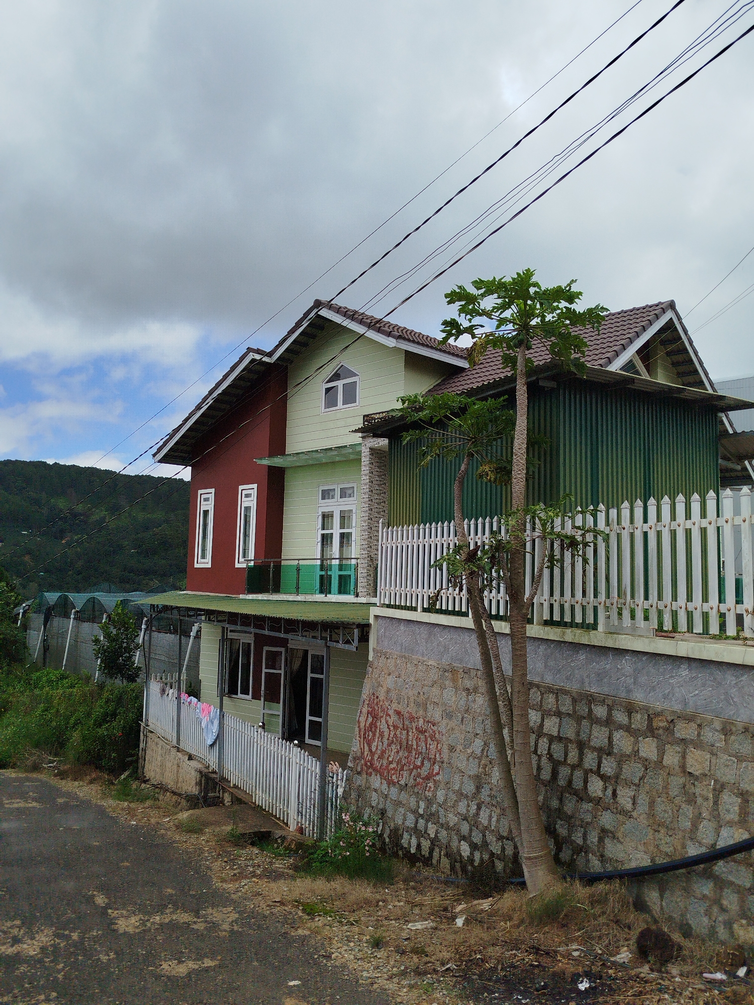 This image depicts a multi-story house situated in the Trường An area of Vietnam. The house features a red upper story and a light green lower story. It has a brown tiled roof and several white-framed windows. A white picket fence runs along the front of the property, and a stone wall with red graffiti is visible on the right side. In front of the house, there are two papaya trees and a section of corrugated green siding. The surrounding environment includes a paved road, lush green vegetation, and a distant hillside covered in trees. The sky is overcast with scattered clouds. There are no people visible in the image.