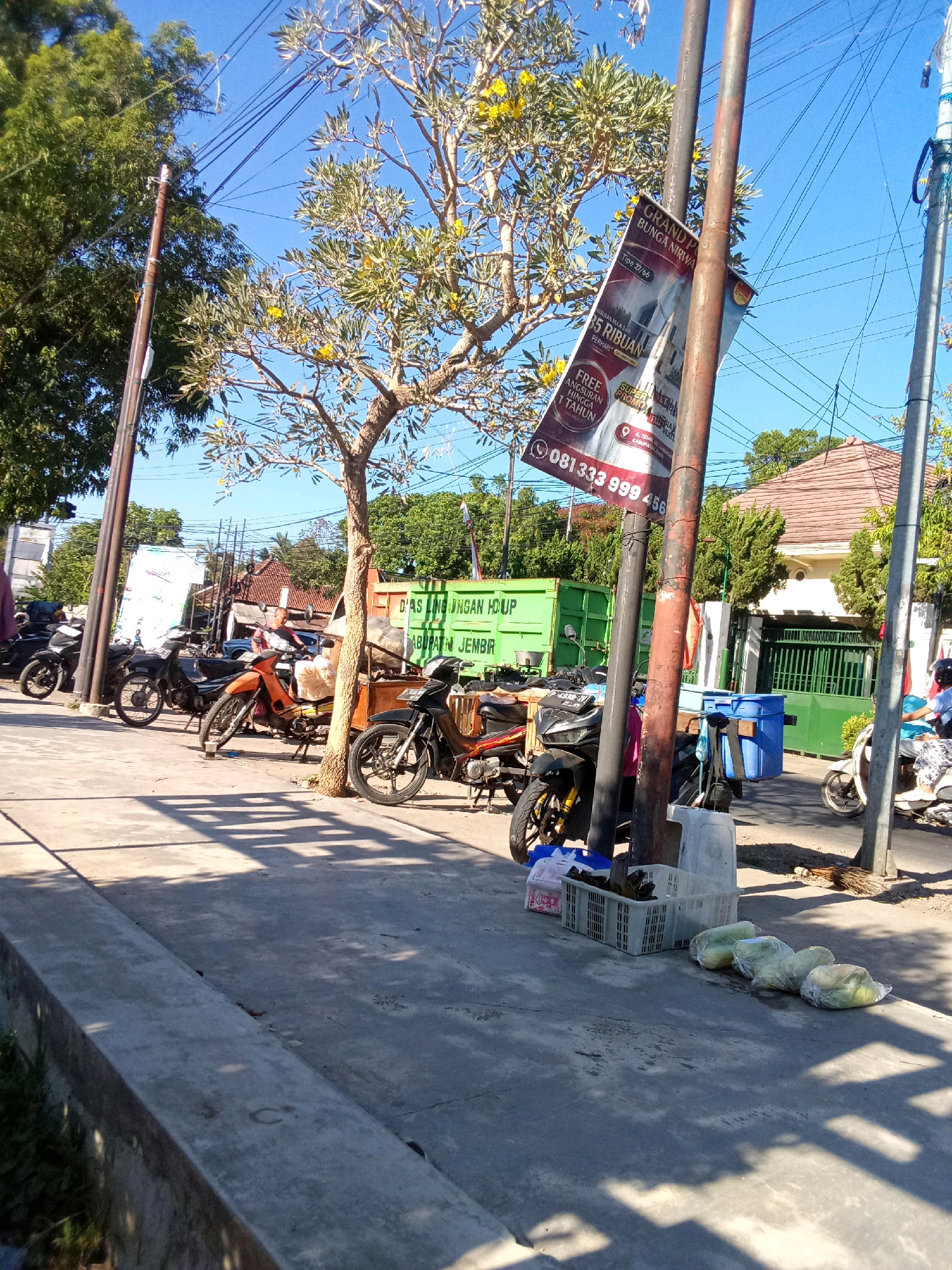 In Jember, Indonesia, a street scene unfolds under a clear blue sky. The foreground shows a paved sidewalk with a concrete curb, casting long shadows from overhead wires and tree branches. To the right, several plastic-wrapped produce items, possibly fruits or vegetables, are lined up on the ground. A white plastic crate sits next to them, containing more items.
Further back, parked motorcycles are lined up along the sidewalk, some appearing to be scooters. A person is partially visible on one of the motorcycles. A large green dumpster with "DINAS LINGKUNGAN HIDUP KABUPATEN JEMBER" (Environmental Agency, Jember Regency) written on it is visible in the background, suggesting the location is near a public service area. A tall tree with yellow flowers stands prominently, its branches reaching towards the sky. Attached to a metal pole near the tree is a torn poster advertising "GRAND P... BUNGA NIRWA..." and other promotional text, including a phone number and the word "PROMO." Houses with terracotta roofs and green gates are also visible in the distance. The overall impression is a typical street scene in a bustling Indonesian city, with elements of commerce, public services, and residential areas.