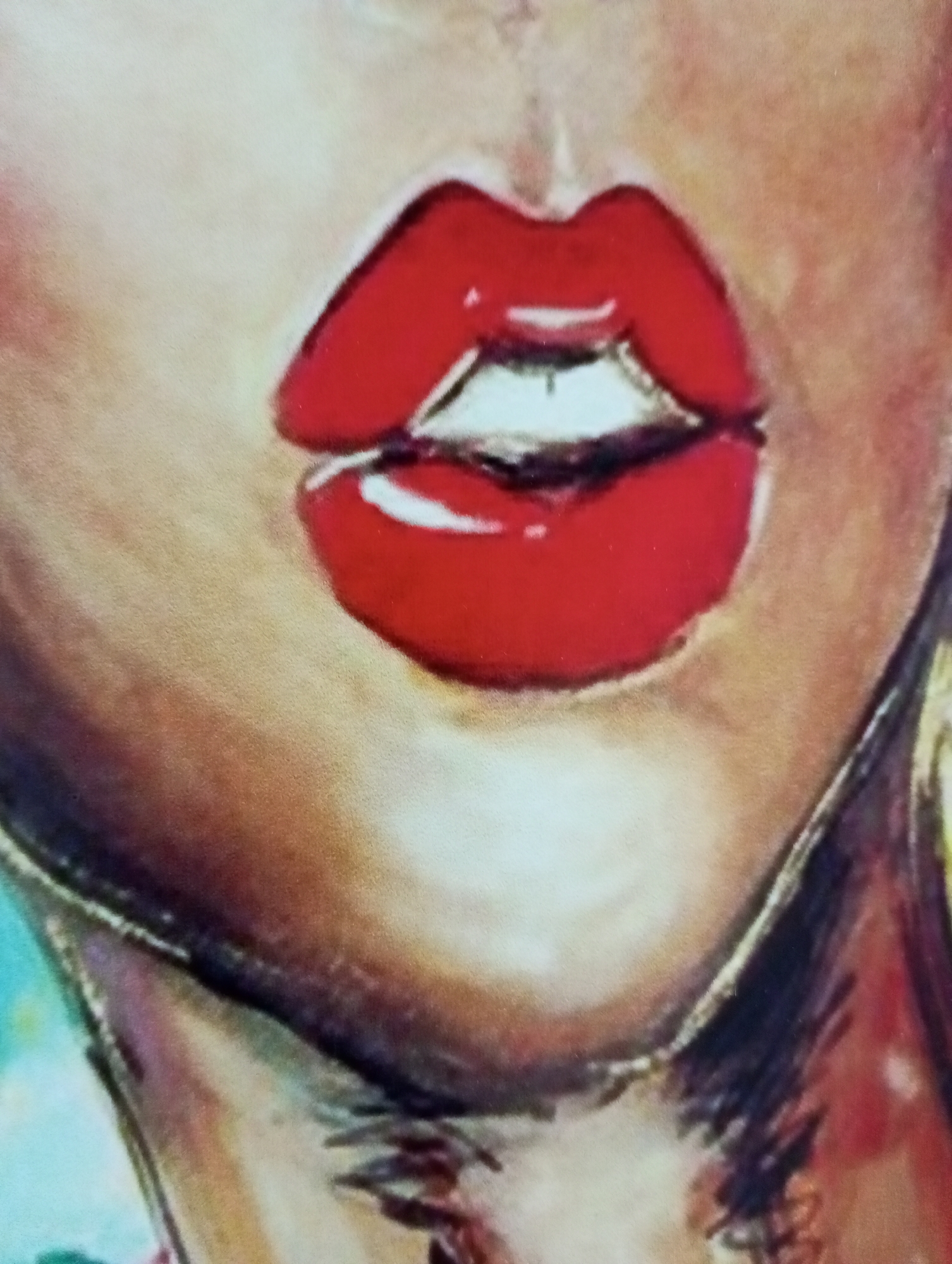 The image shows a close-up of a person's mouth, specifically the lips painted with bright red lipstick. The lips are slightly parted, revealing a glimpse of the teeth. The surrounding skin is visible, and appears to be part of a painting or drawing, judging by the artistic style and visible brushstrokes. The surrounding area depicts the lower portion of the face, including the chin and neck, with shading to create depth. No specific details point to the location of Pervomaysky, Russia.