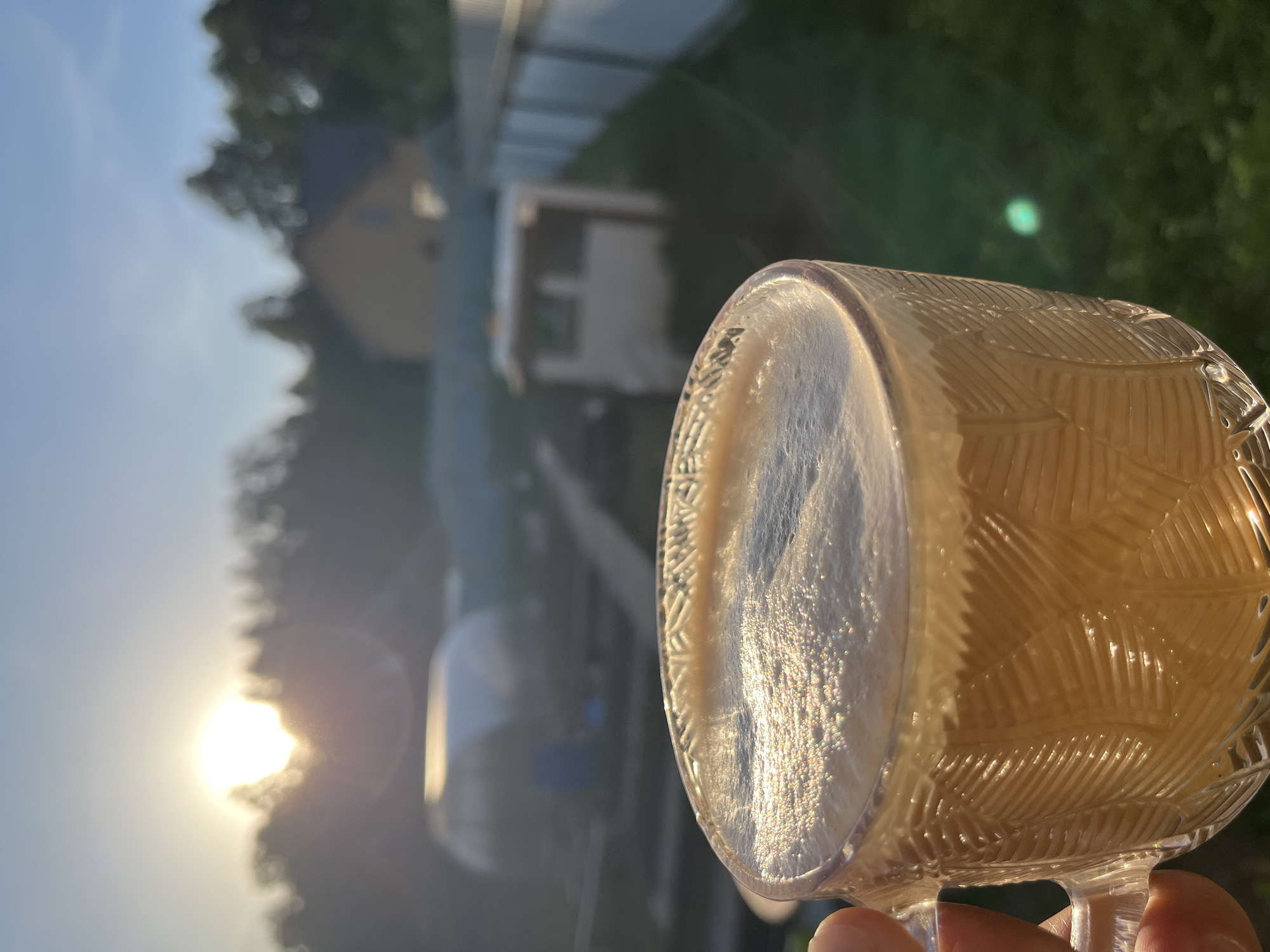 A clear glass mug filled with a foamy, light-colored liquid is held in front of an outdoor scene. The mug is intricately designed with a raised pattern. The liquid appears to be reflecting sunlight, giving it a shimmering appearance.
The background features a slightly blurred view of a residential area. A building with a light-colored facade and a dark roof is visible, along with a smaller structure. Green grass and foliage are also present, indicating a natural setting.
The lower left corner of the image shows the sun, which is slightly obscured by the trees. The location is Chaikovsky, Russia.