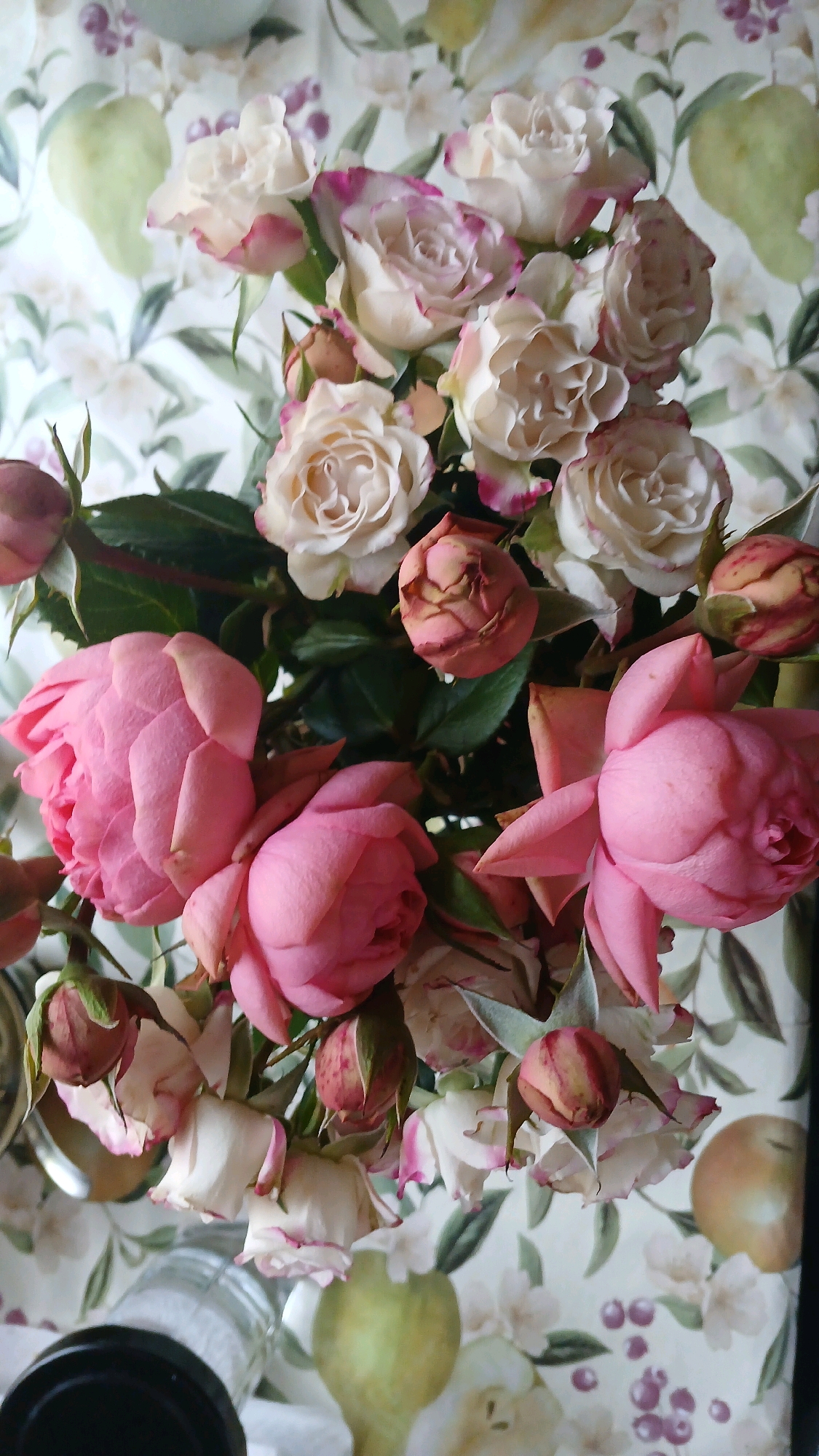 A top-down, medium shot shows a bouquet of roses with pink and cream petals, some with darker pink tips, arranged on a light-colored tablecloth patterned with pears and small white flowers. The roses are of varying degrees of bloom, from tight buds to fully opened flowers. Some of the cream roses have dried brown edges. The background tablecloth also features some small dark purple berries. The bouquet is the primary subject, with no people or specific actions depicted. The lighting is soft and diffused, suggesting an indoor setting. The image does not provide any information to locate it in Visaginas, Lithuania.