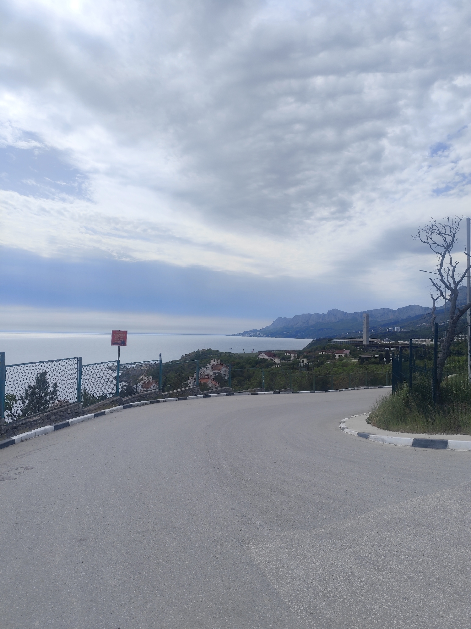 Here's a detailed description of the image:
**Scene:** A curved asphalt road in Симеизский поселковый совет, Ukraine, likely a scenic overlook or a road leading to a vista point.
**Environment:** The sky is overcast with gray and white clouds, suggesting a potentially rainy or dull day. The road is bordered by a fence and vegetation. Below the road, there are several buildings nestled among greenery, leading down to the coastline. A body of water is visible in the distance with a mountainous coastline.
**Objects:**
* Road: Asphalt, curving sharply.
* Fence: A dark metal fence runs along the roadside, acting as a safety barrier.
* Vegetation: Green trees, shrubs, and grass cover the slopes below the road.
* Buildings: Several buildings with light-colored walls and roofs are visible among the vegetation.
* Water: A large expanse of water (likely the Black Sea).
* Mountains: Mountain range in the distance.
* Sign: There is a red sign attached to the fence.
* Concrete curb: There is a concrete curb with a black and white paint scheme that separates the road from the roadside.
**Foreground:** The road occupies a large part of the foreground, leading the viewer's eye into the scene. A tree without leaves is present.