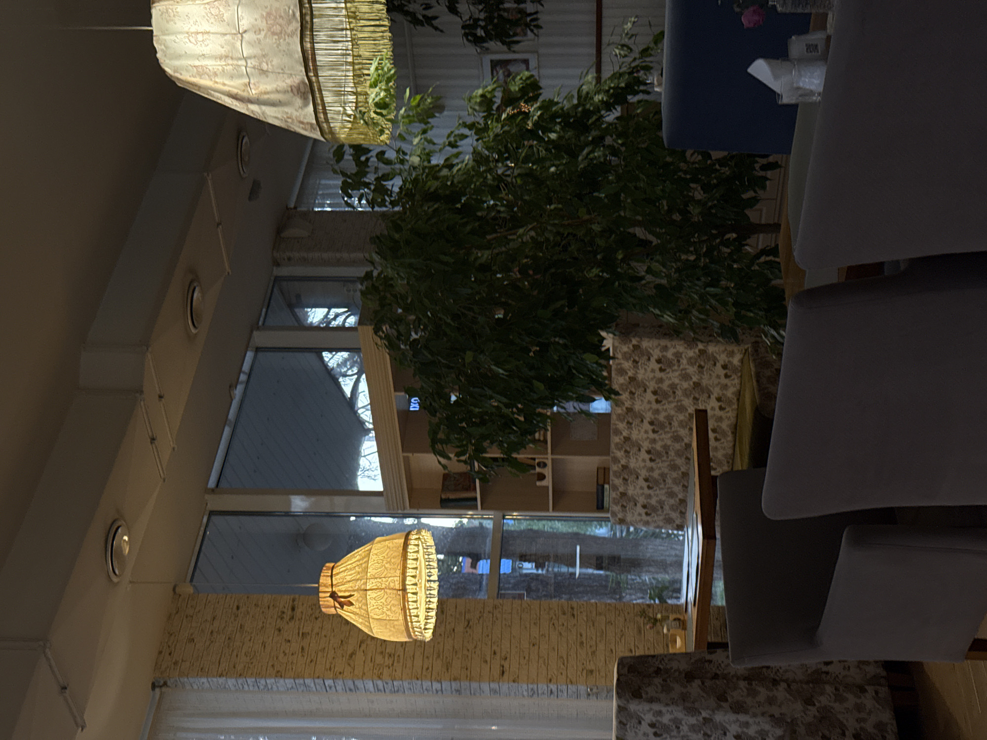 The image depicts the interior of a cafe. There are two decorative pendant lamps with fabric shades, one yellow and one patterned with pink floral motifs and fringed with yellow. Seating includes upholstered chairs and booths with patterned upholstery. A large potted plant with dark green foliage is prominently placed. In the background, a bookshelf is visible, containing books and decorative items. The overall ambiance suggests a cozy and somewhat vintage atmosphere. The image does not provide any specific clues to determine the location of the city of Abinsk, Russia.