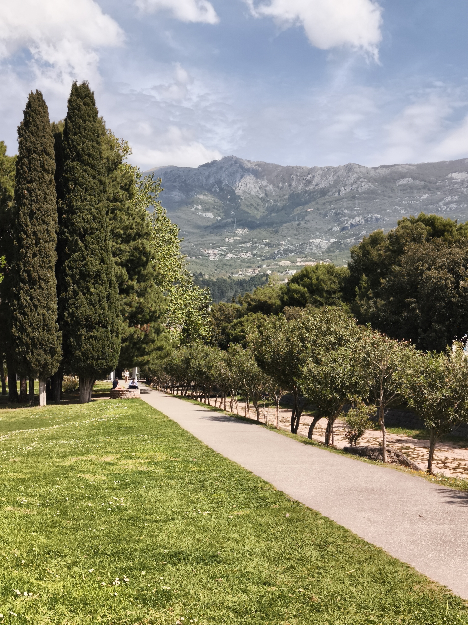 The image shows a long, paved pathway in a park setting, lined with trees on either side. On the left, tall, dark green cypress trees stand adjacent to a green lawn dotted with small white flowers. On the right, a row of smaller trees with rounded canopies follows the path. In the background, a mountain range is visible under a sky with scattered clouds. A stone bench can be seen along the path. People are sitting on the bench. The path leads into the distance.