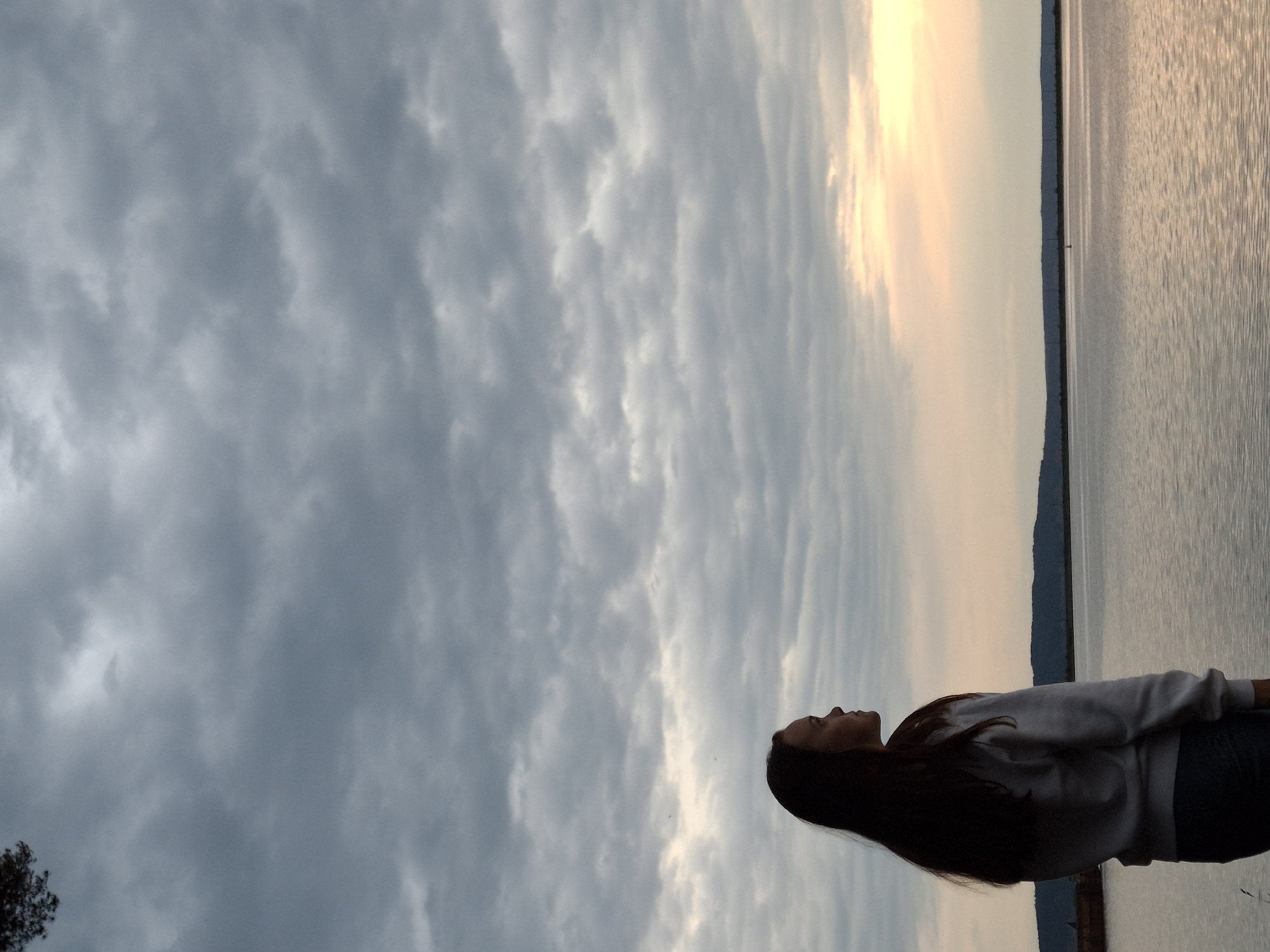 The image shows a person standing near a body of water with a cloudy sky overhead. The location is possibly Chaikovsky, Russia, based on the prompt. The person is wearing a light-colored sweatshirt and dark pants. They are looking up at the sky. The body of water stretches to the horizon with an island or landmass in the distance. The sky is filled with gray clouds on the left, transitioning to a pale orange near the horizon. A few tree branches are visible in the lower left corner of the frame. The image is rotated 90 degrees counter-clockwise.