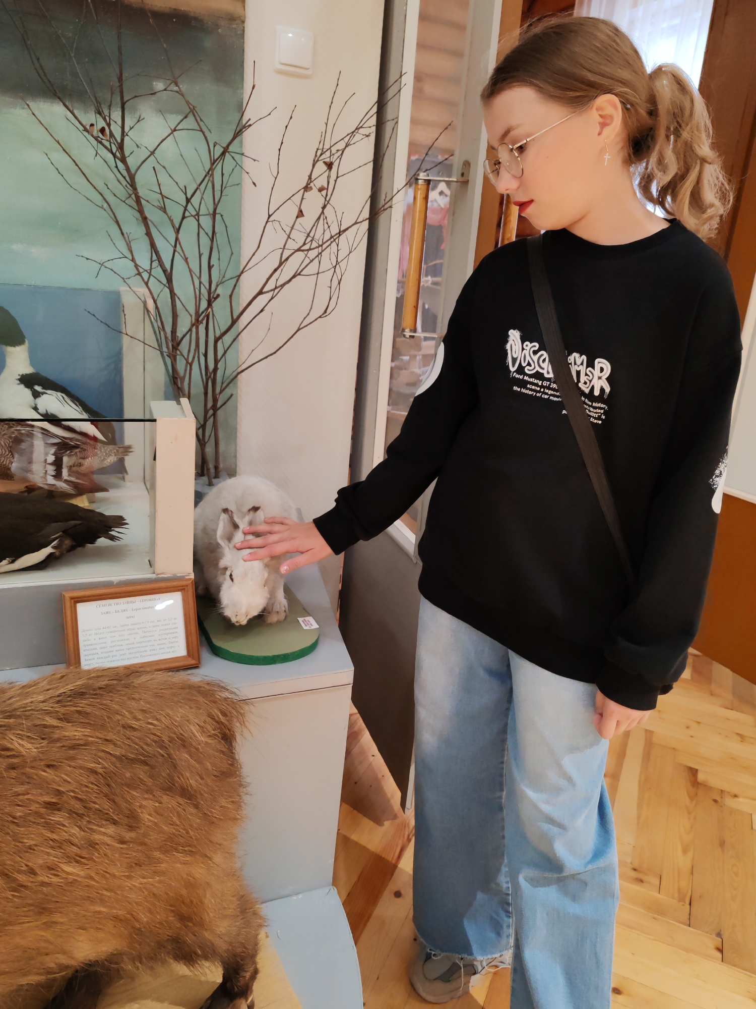 A young girl with blonde hair pulled into a ponytail, wearing glasses and a black sweatshirt with a graphic print, is standing in a museum in Vizinga, Russia. She is wearing light blue wide-leg jeans and has a dark strap across her chest. Her right hand is gently touching a stuffed white rabbit. To the left of the rabbit, there is a framed label with text in Russian. Behind the rabbit, there is a display of taxidermied birds and a painted backdrop depicting a body of water and trees. To the left, a large taxidermied animal with brown fur is partially visible. The environment appears to be a museum exhibit with wooden floors and pale walls.