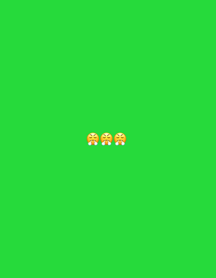 Three weary-face emojis are centrally positioned against a solid green background.