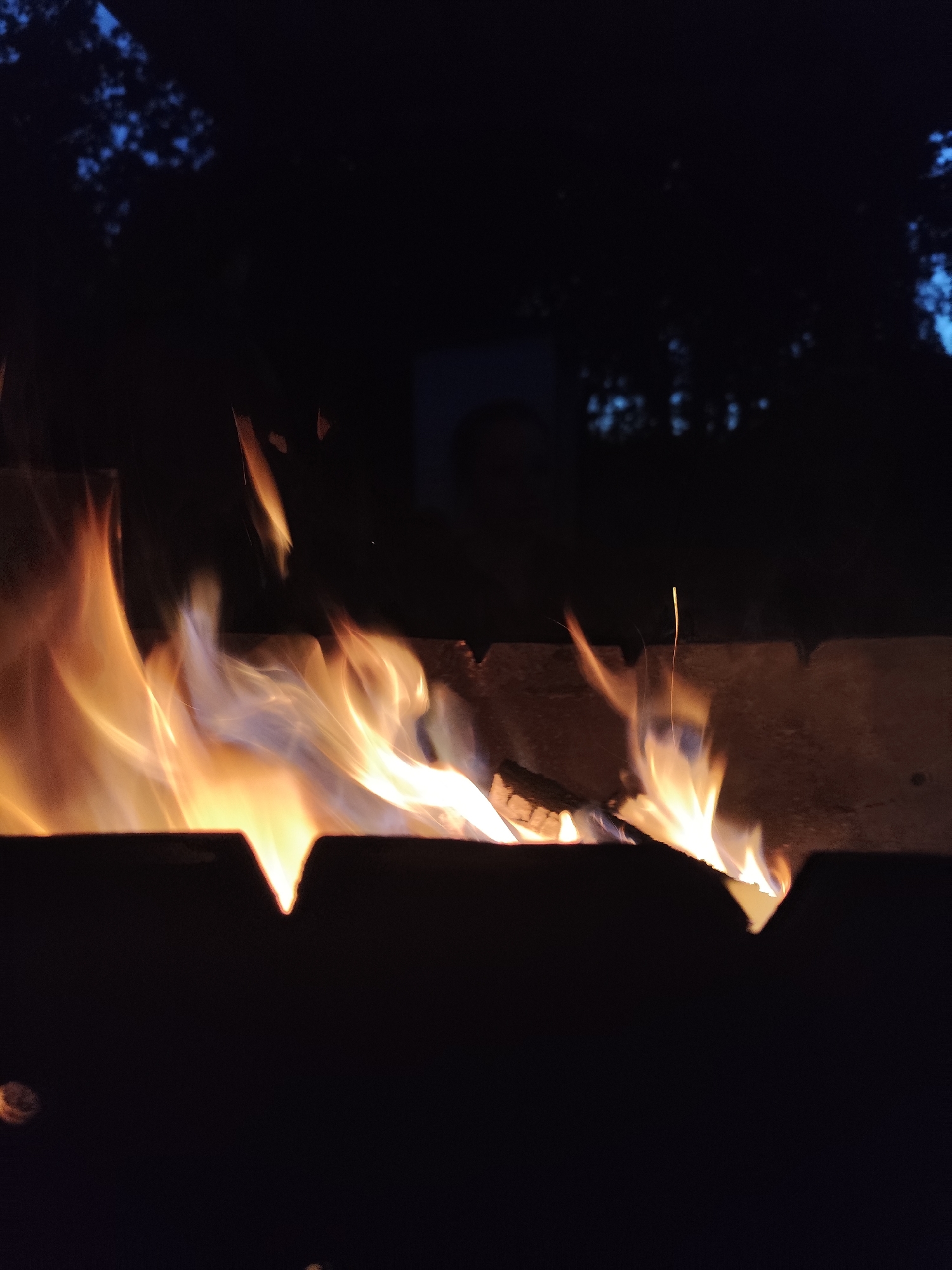 A fire burns brightly in a dark, outdoor setting, possibly a backyard or park in Kolpakovo, Russia. The flames, rendered in shades of orange, yellow, and hints of blue, rise from a dark metal fire pit. The background is obscured by darkness, with faint silhouettes of trees and what appears to be a blurry, indistinct figure or object in the upper right quadrant, possibly a person or a reflection. The overall impression is of a nighttime scene, with the fire being the sole, vibrant source of light.